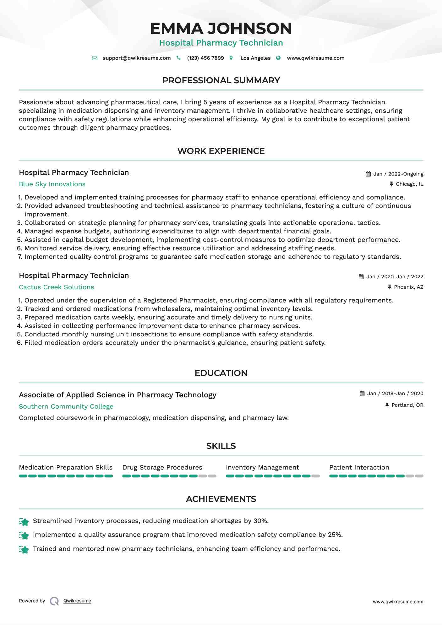 Hospital Pharmacy Technician Resume Template