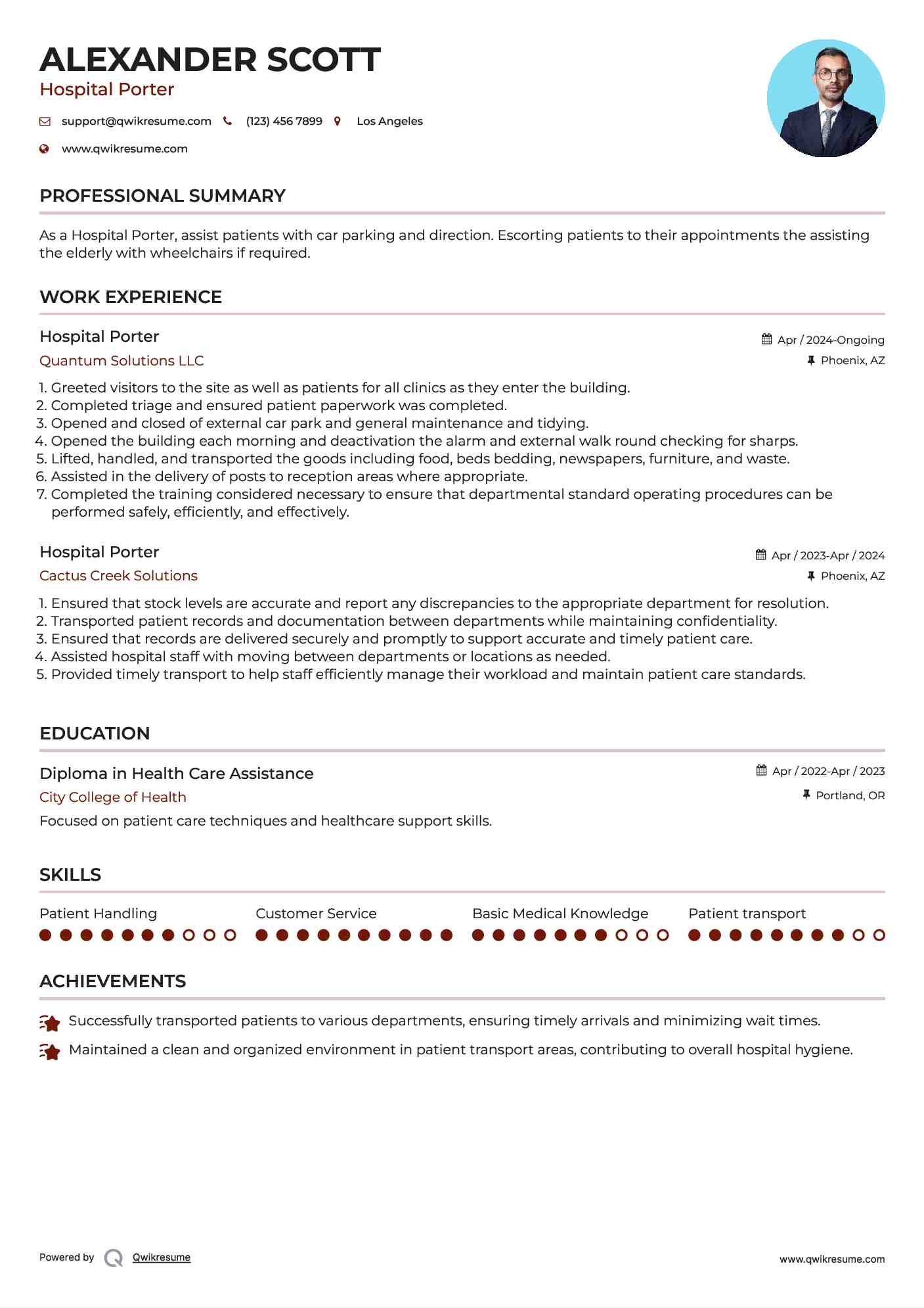 Hospital Porter Resume Example