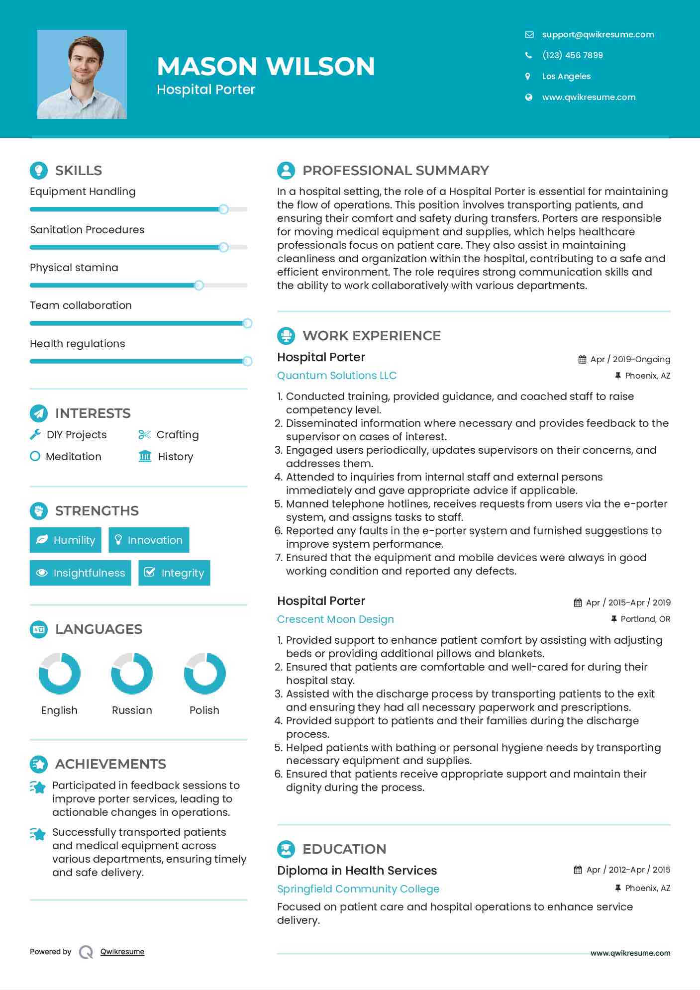 Hospital Porter Resume Template