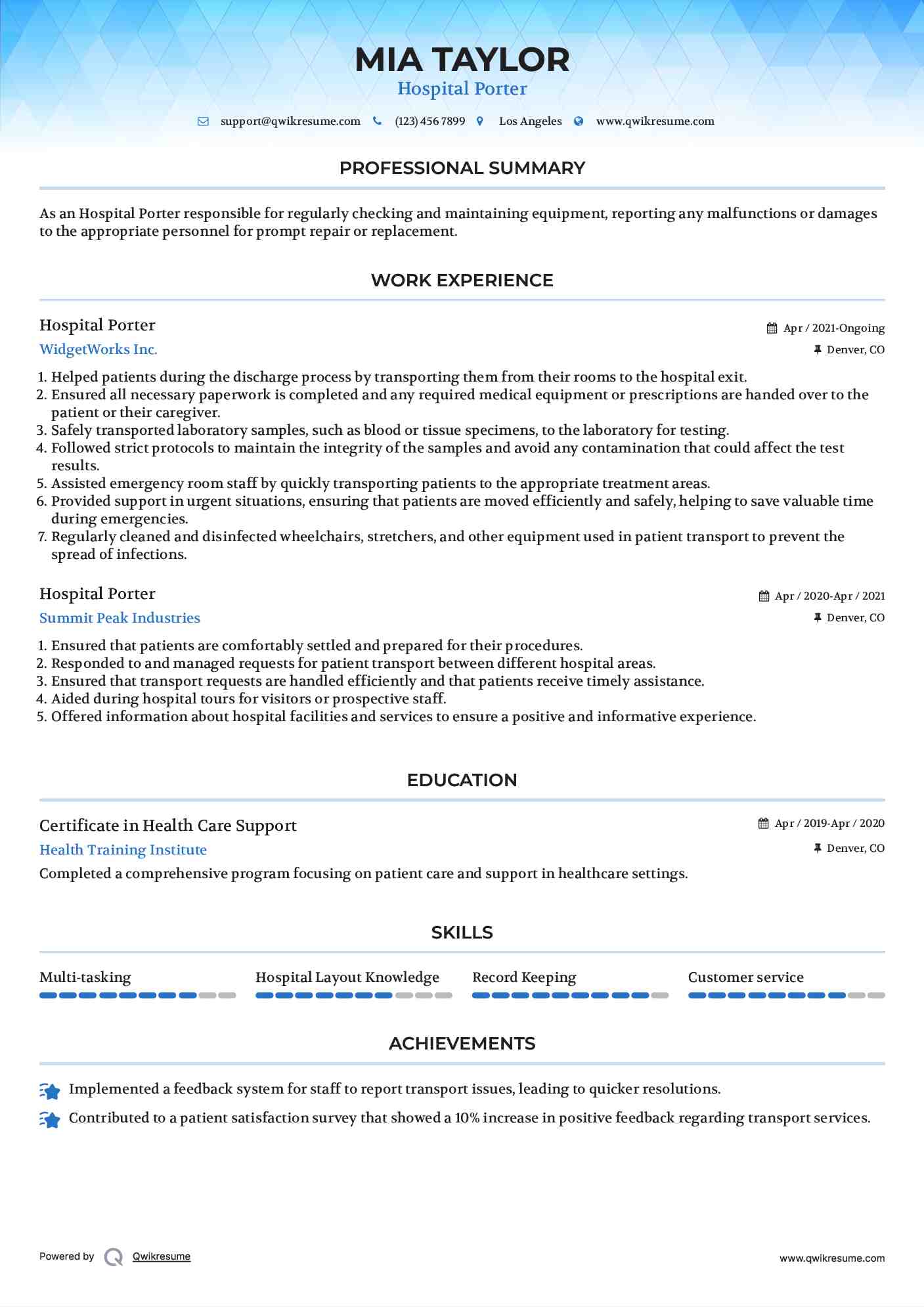 Hospital Porter Resume Model