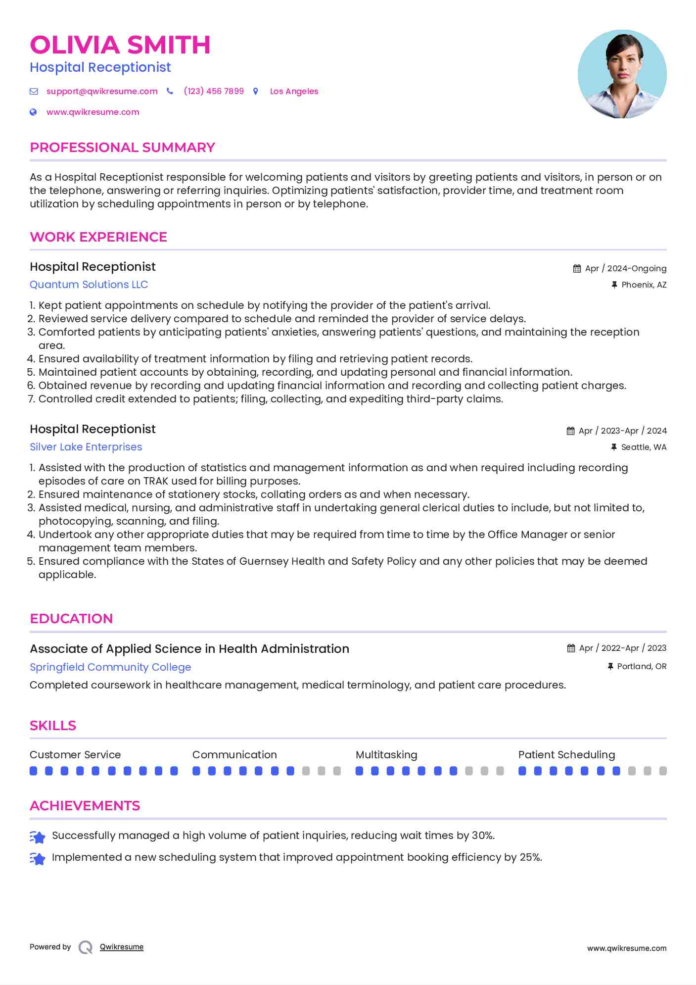 Hospital Receptionist Resume Template