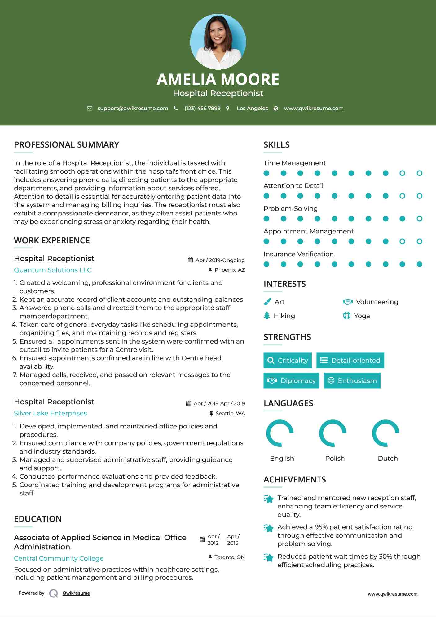 Hospital Receptionist Resume Model