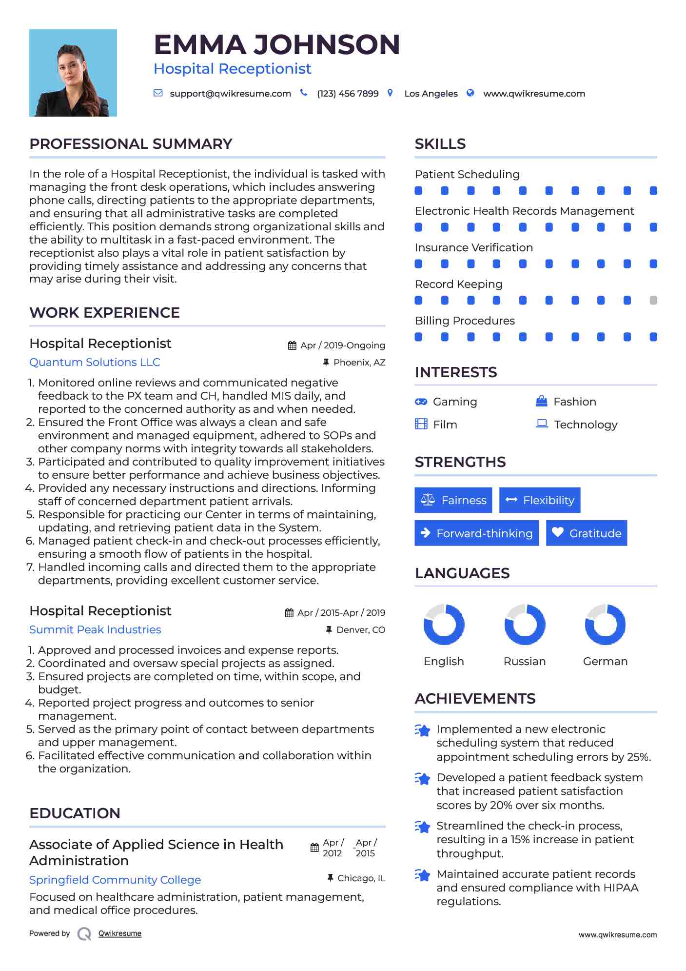Hospital Receptionist Resume Sample