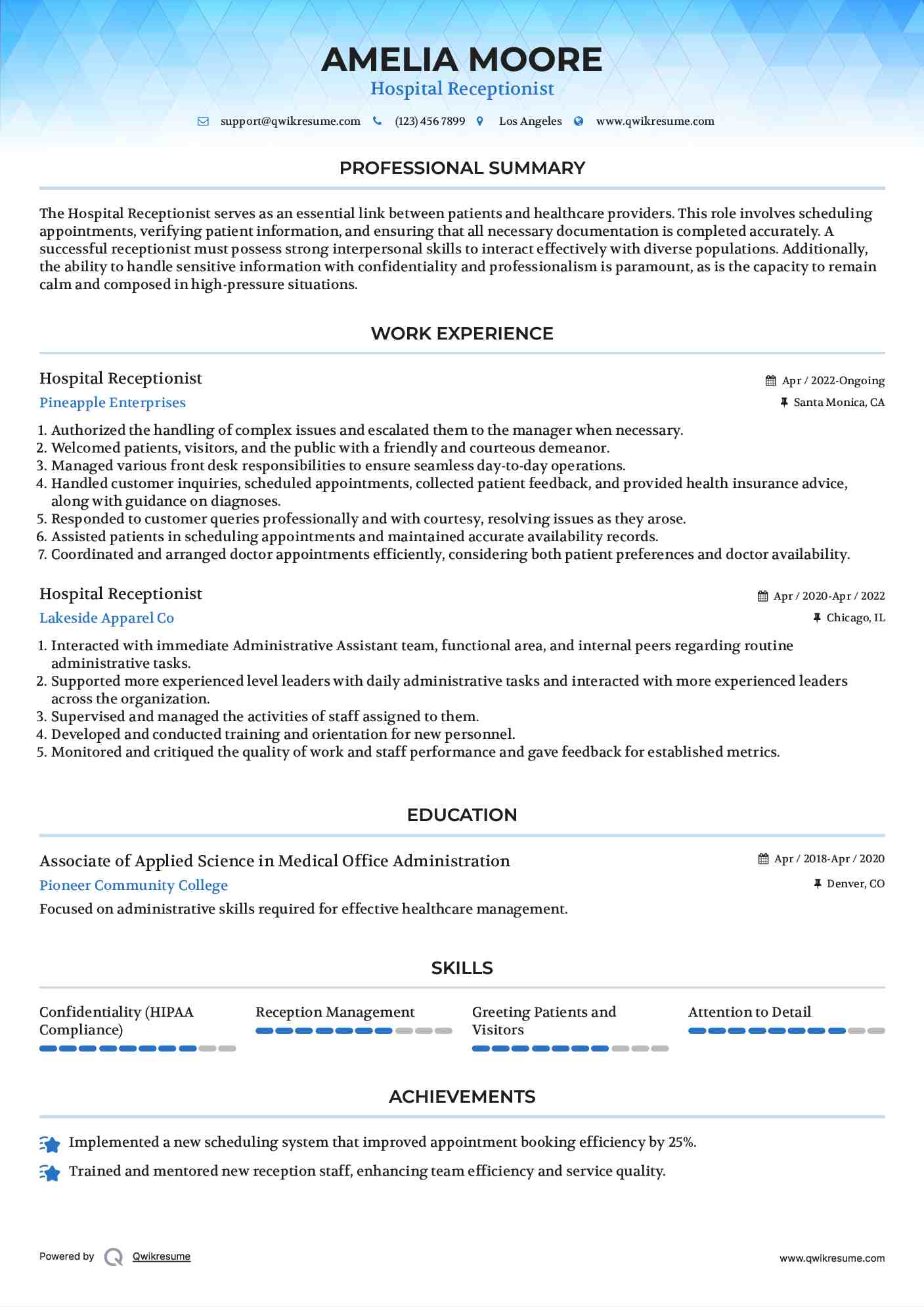Hospital Receptionist Resume Format