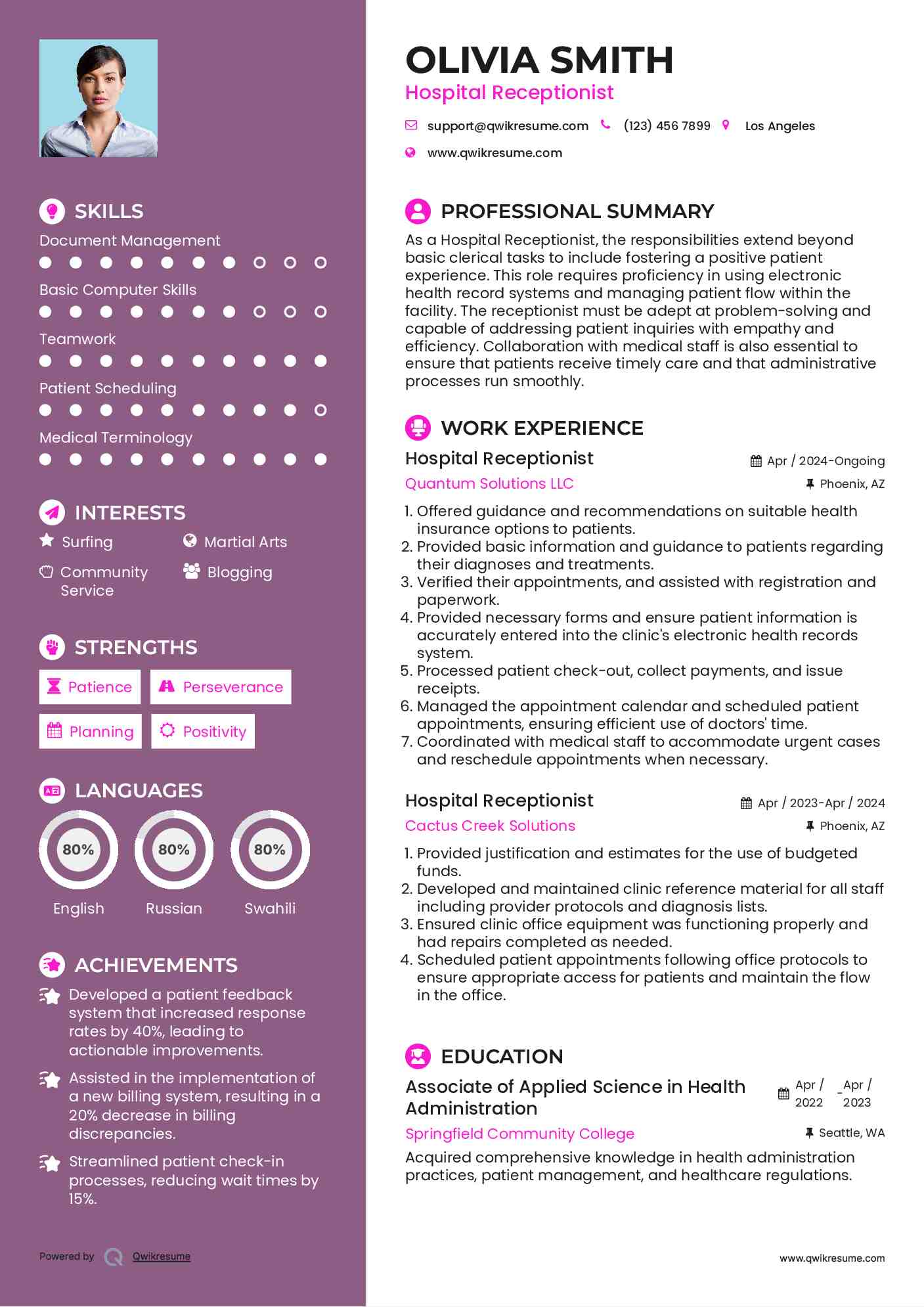 Hospital Receptionist Resume Model