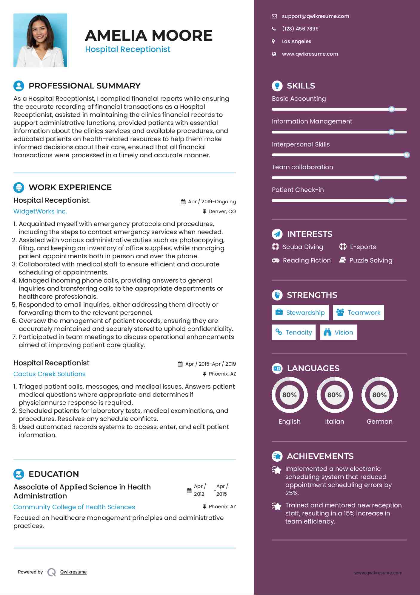 Hospital Receptionist Resume Example