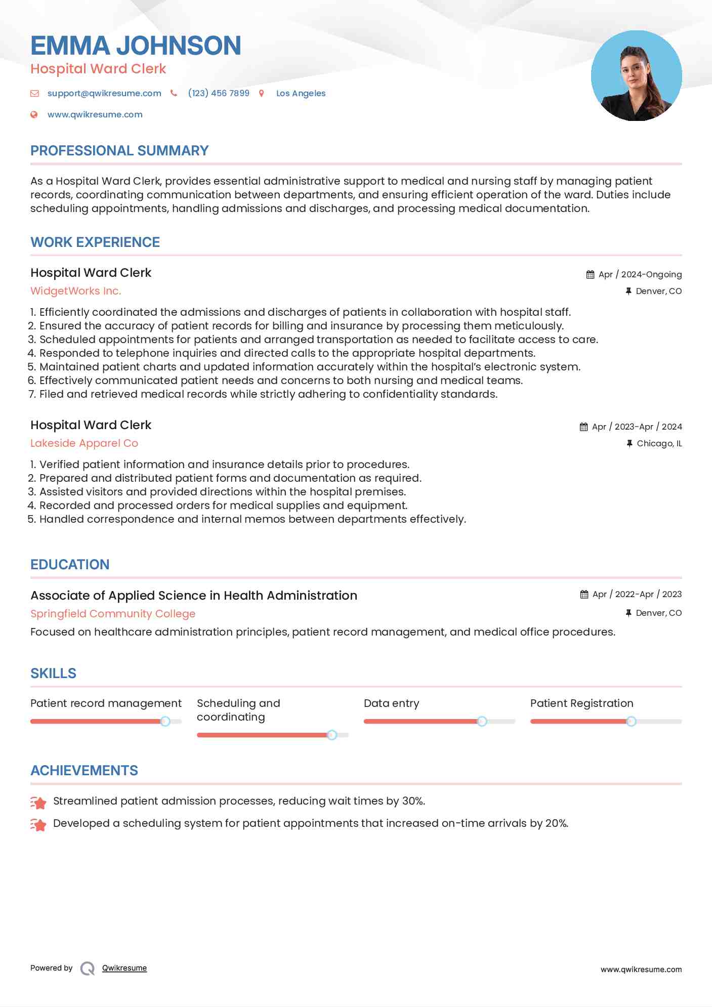 Hospital Ward Clerk Resume Template