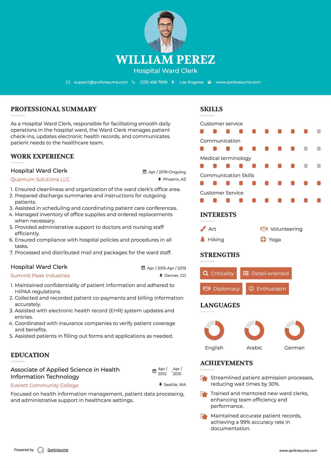 Hospital Ward Clerk Resume Template