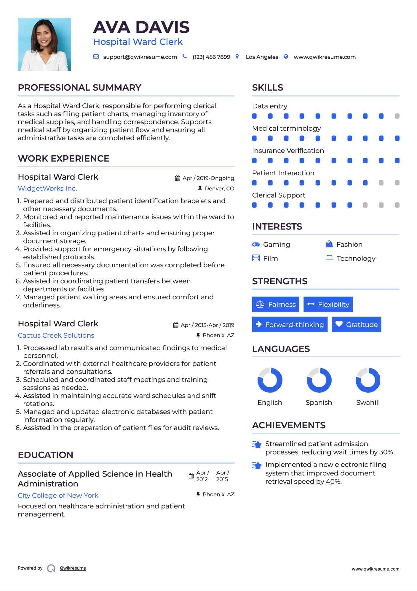 Hospital Ward Clerk Resume Template
