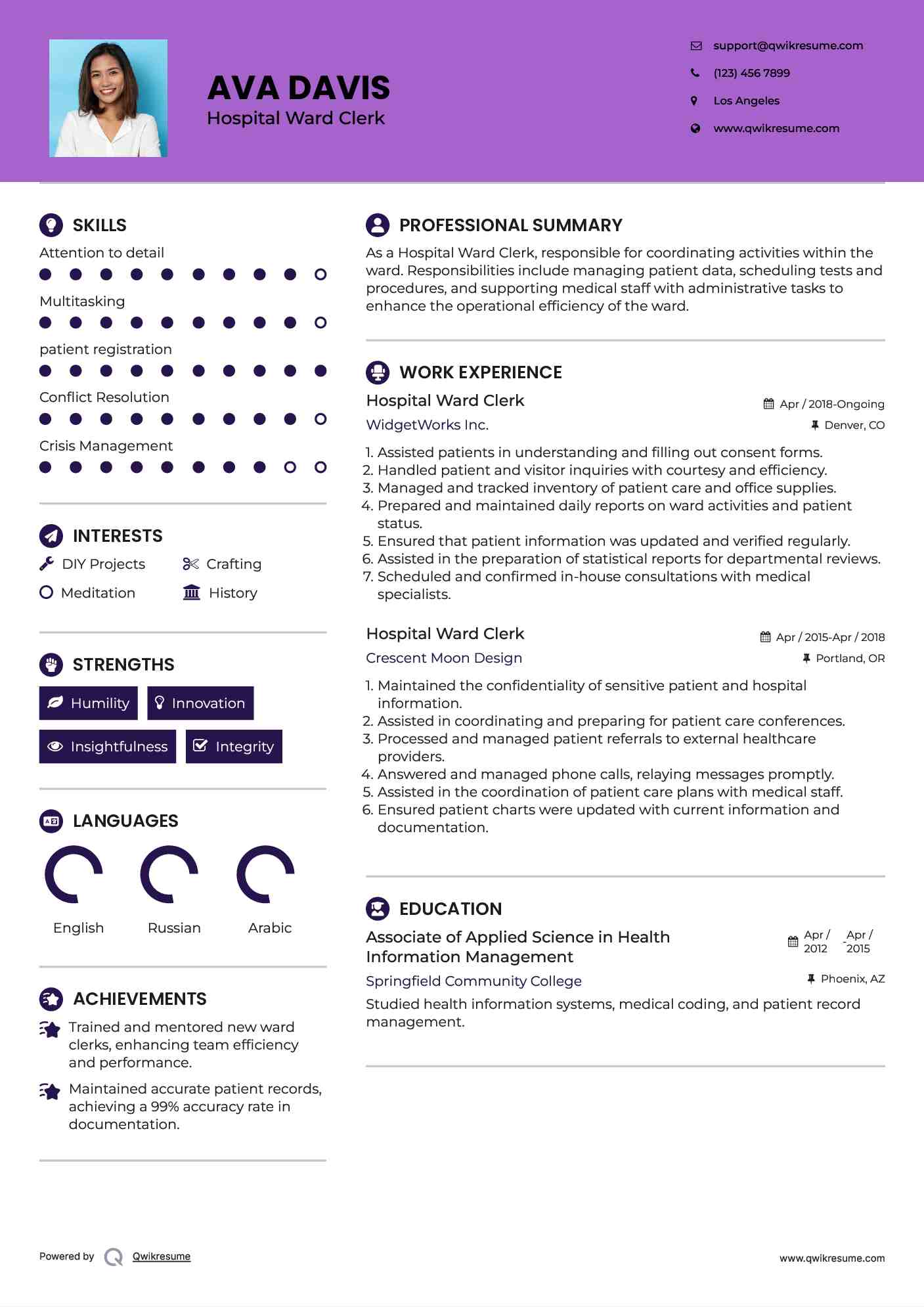 Hospital Ward Clerk Resume Template