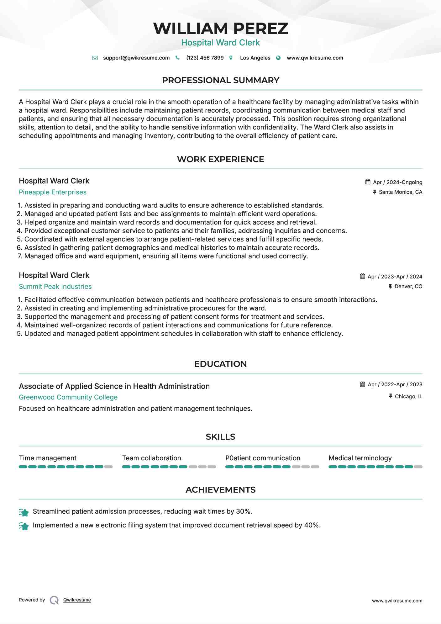 Hospital Ward Clerk Resume Format