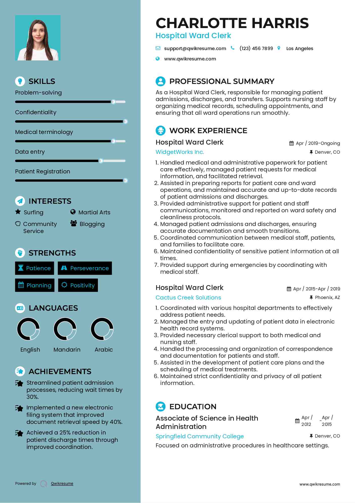 Hospital Ward Clerk Resume Model
