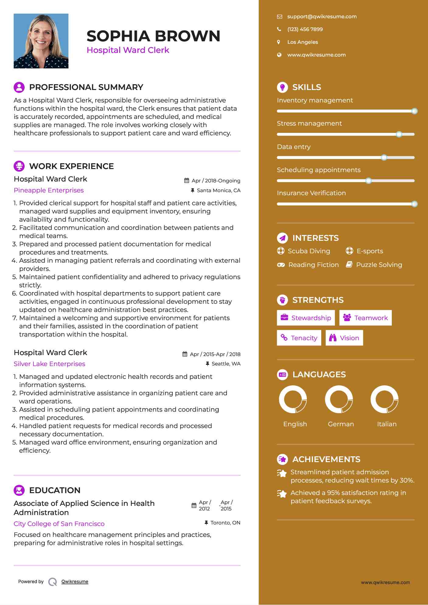 Hospital Ward Clerk Resume Example