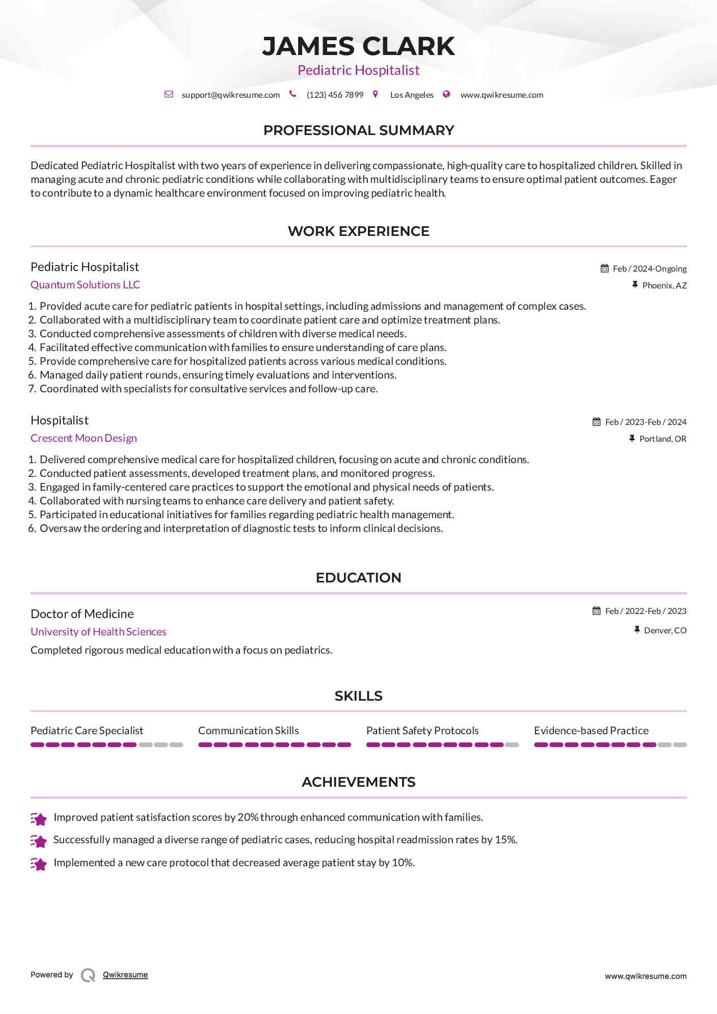 Pediatric Hospitalist Resume Format
