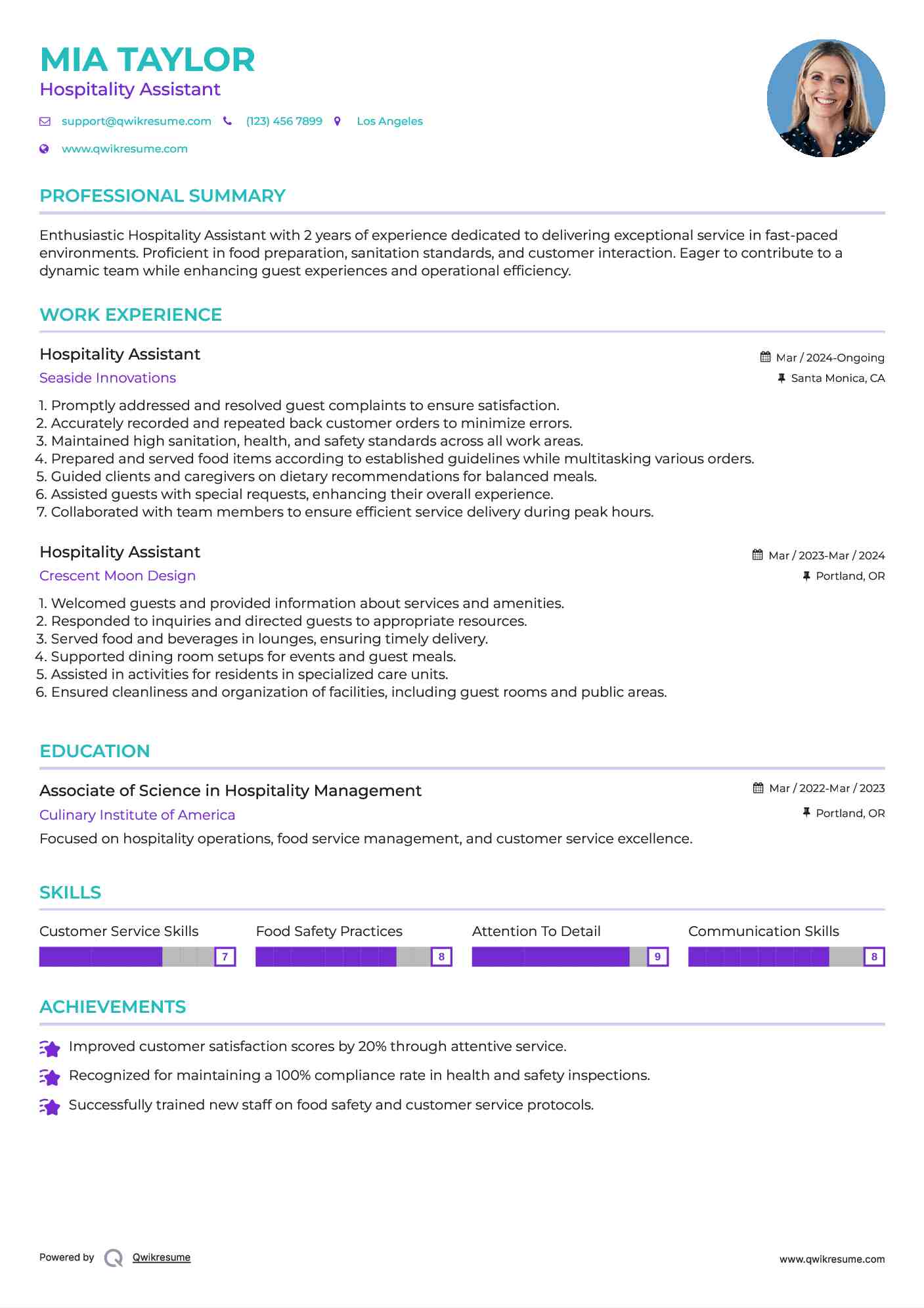 Hospitality Assistant Resume Sample