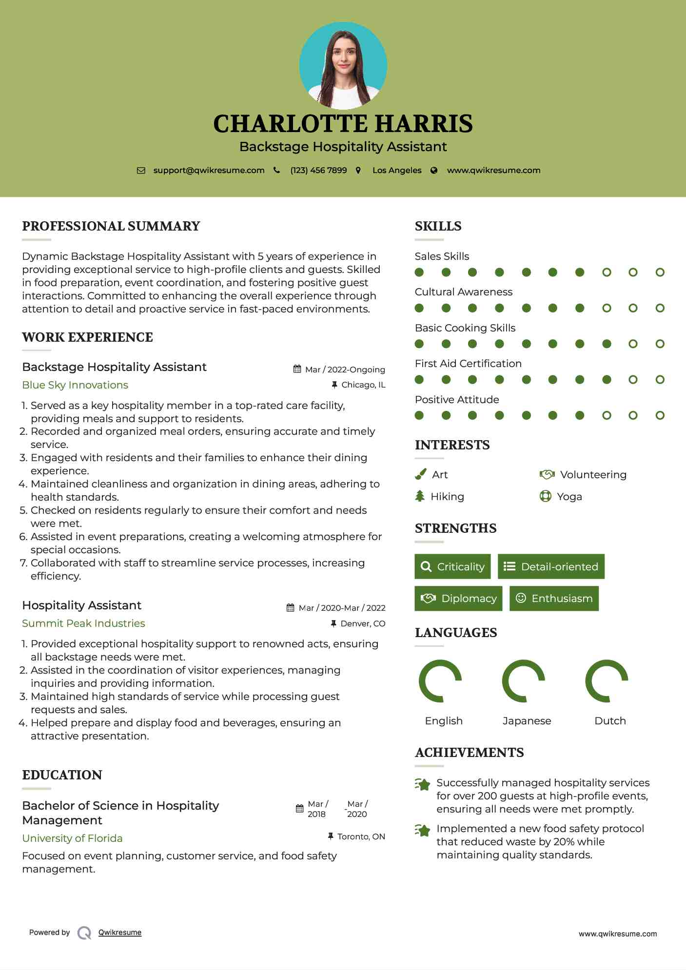 Backstage Hospitality Assistant Resume Model