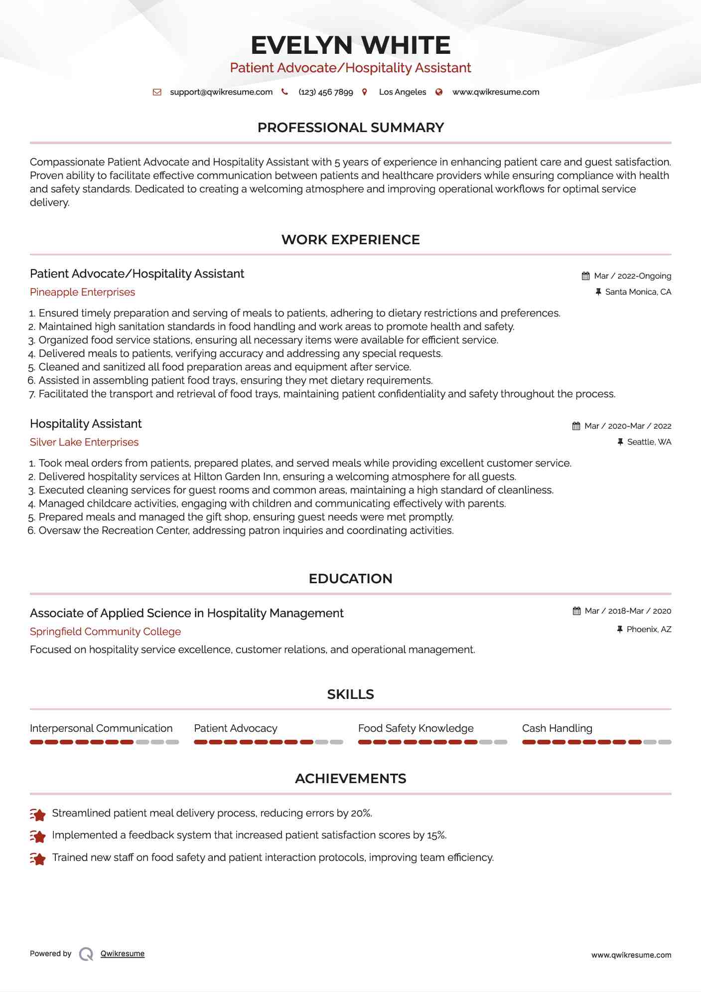 Patient Advocate/Hospitality Assistant Resume Format