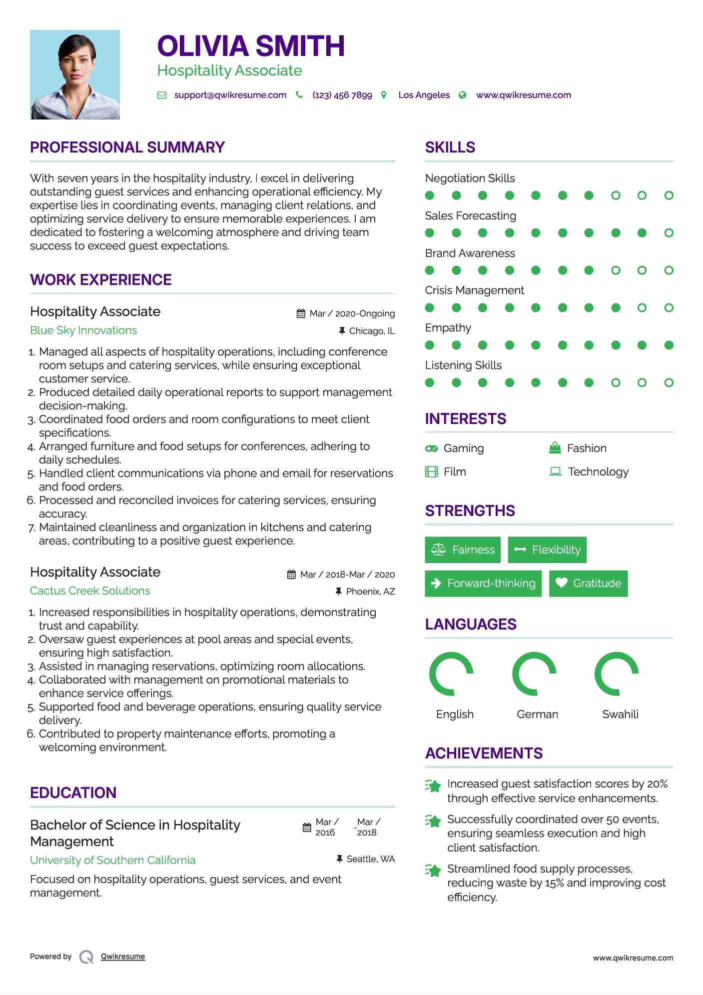 Hospitality Associate Resume Sample