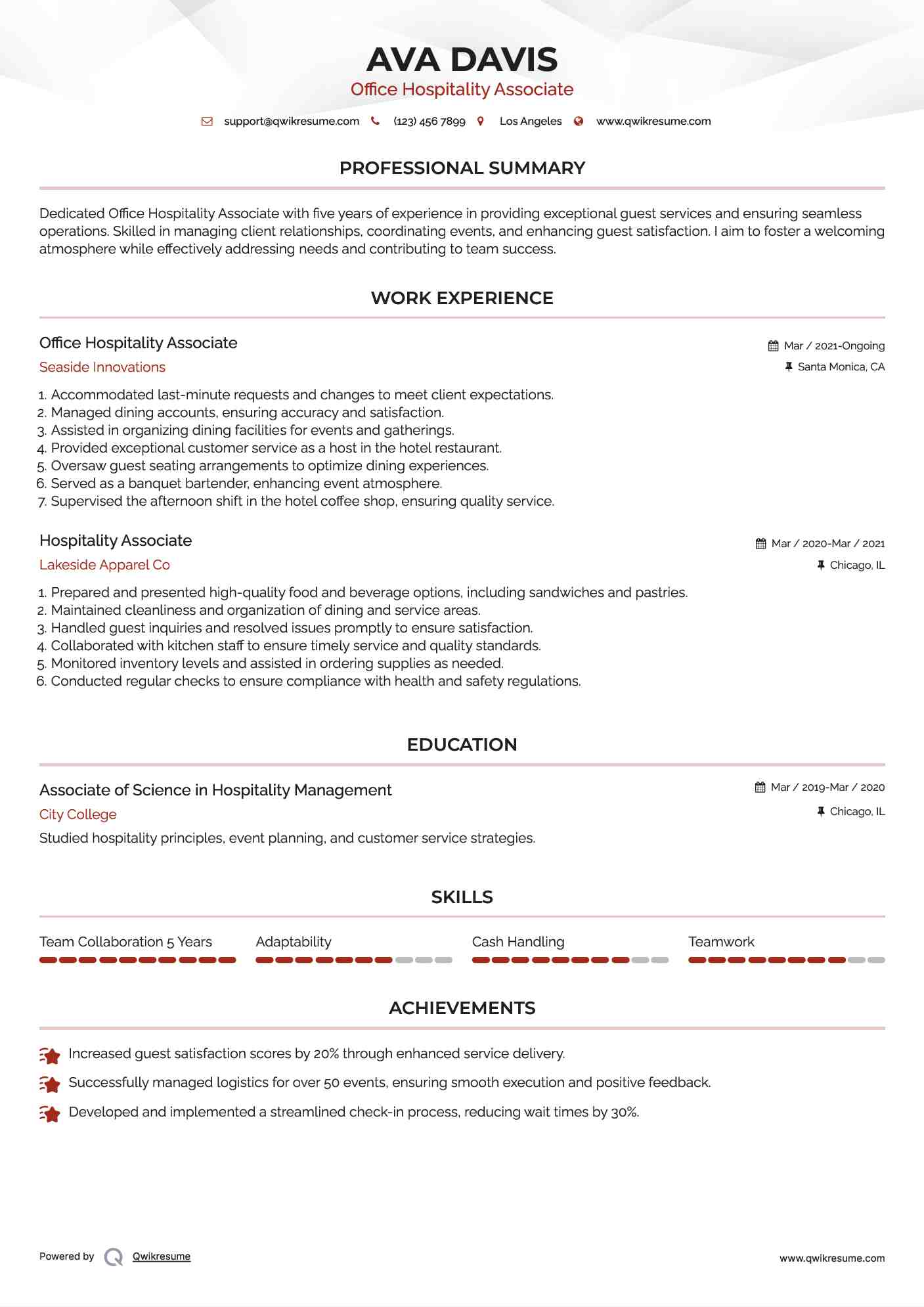 Office Hospitality Associate
 Resume Example