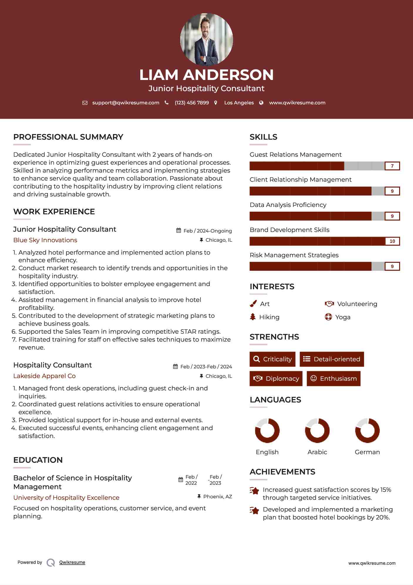 Junior Hospitality Consultant Resume Sample
