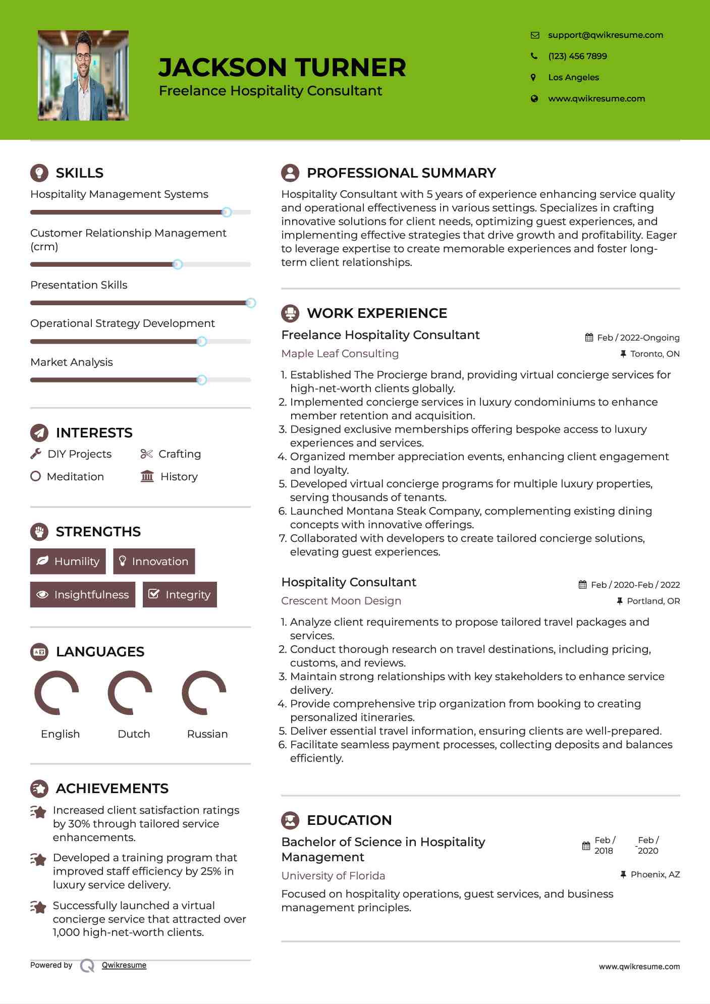 Freelance Hospitality Consultant Resume Model