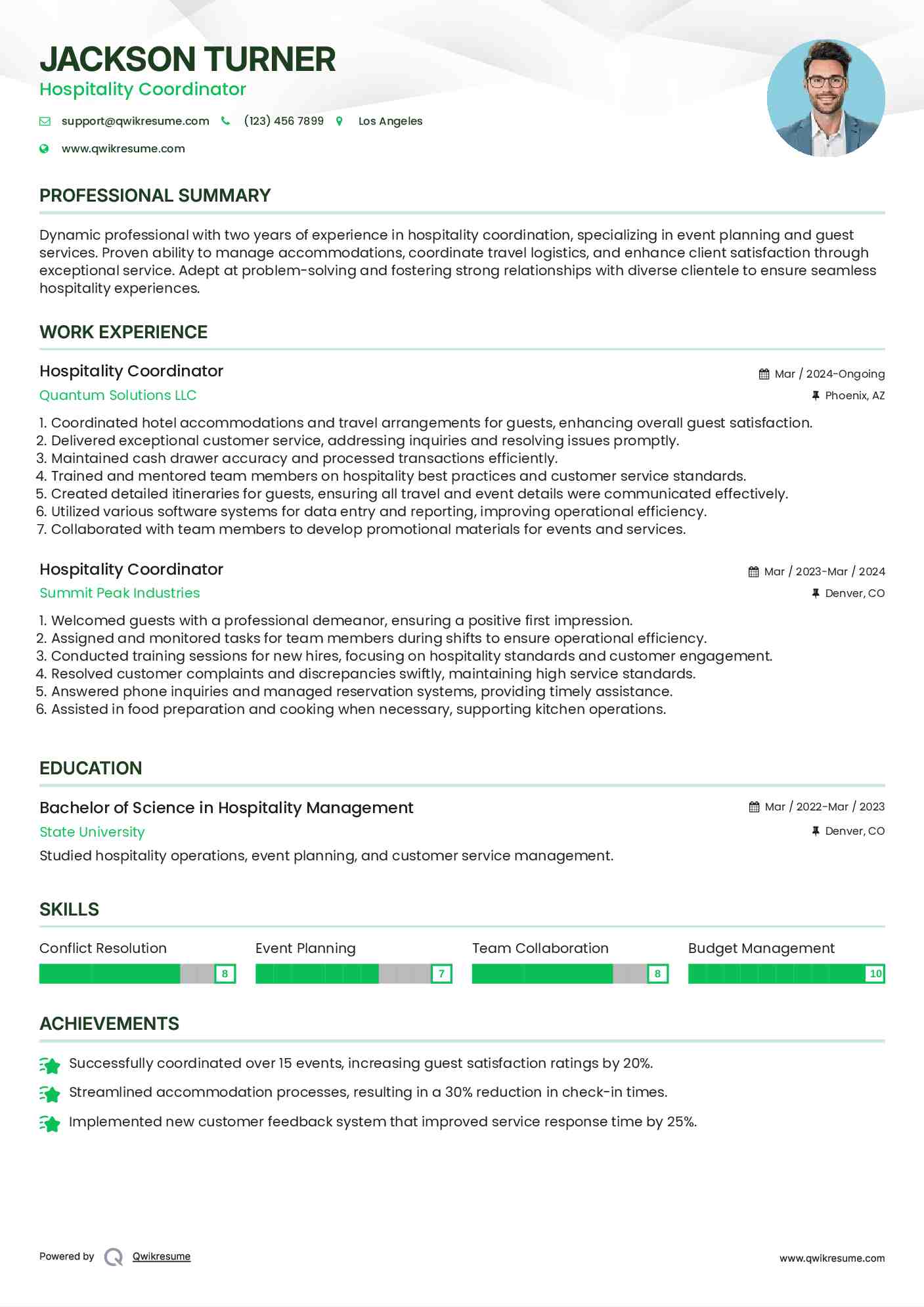 Hospitality Coordinator Resume Example