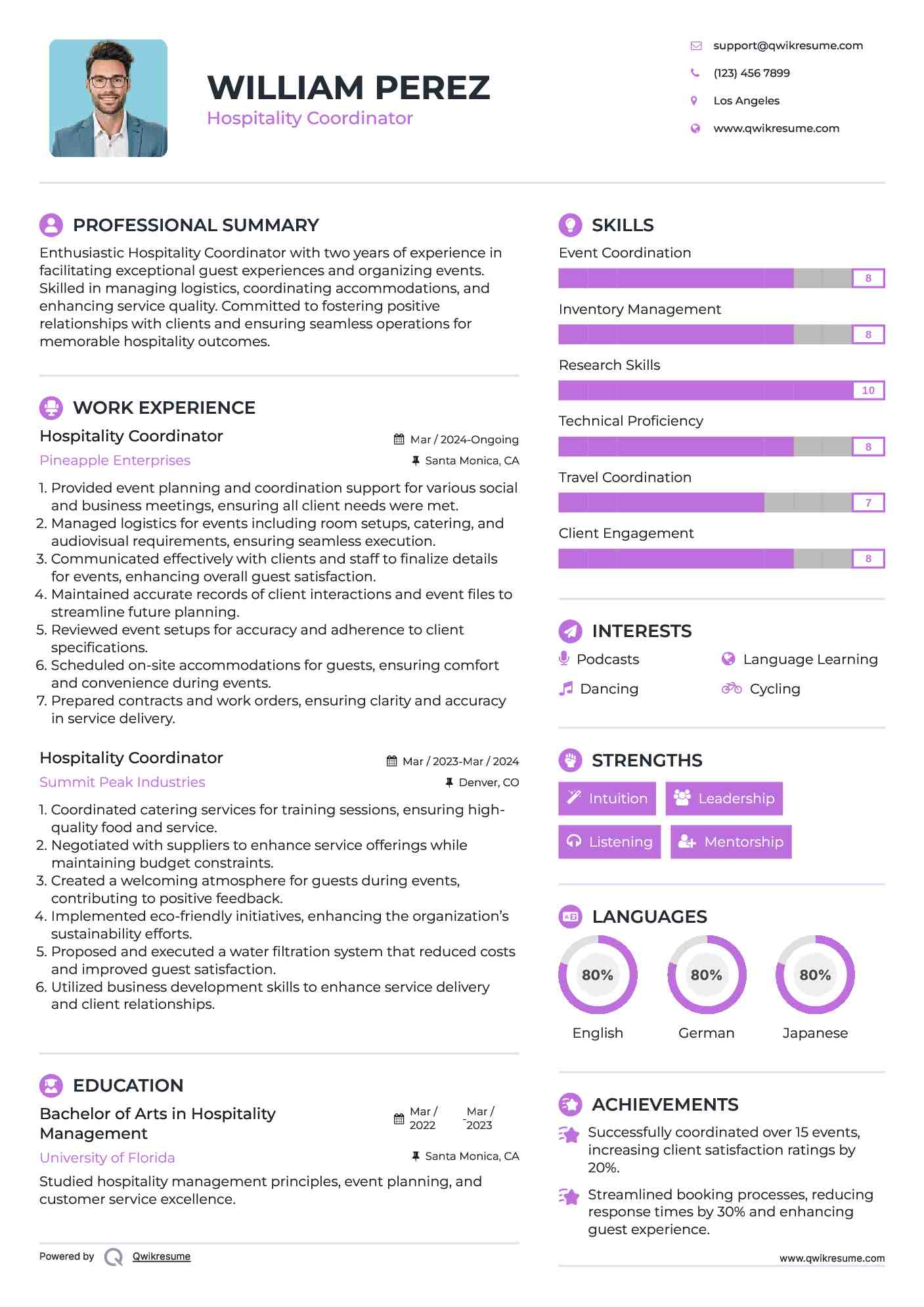 Hospitality Coordinator Resume Model