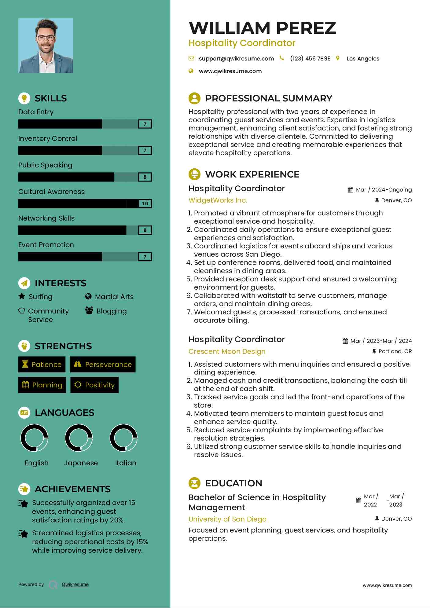 Hospitality Coordinator Resume Model