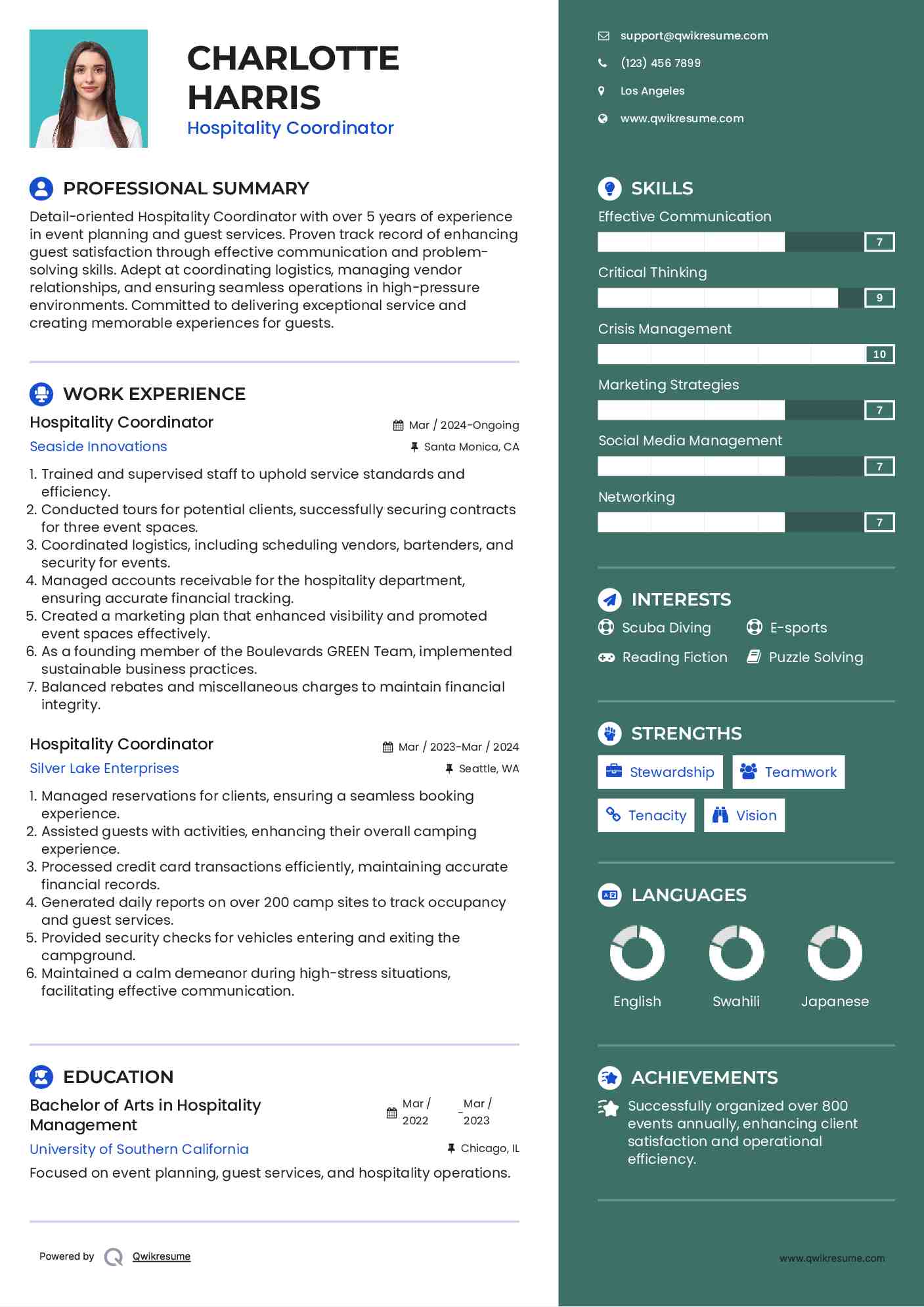 Hospitality Coordinator Resume Example