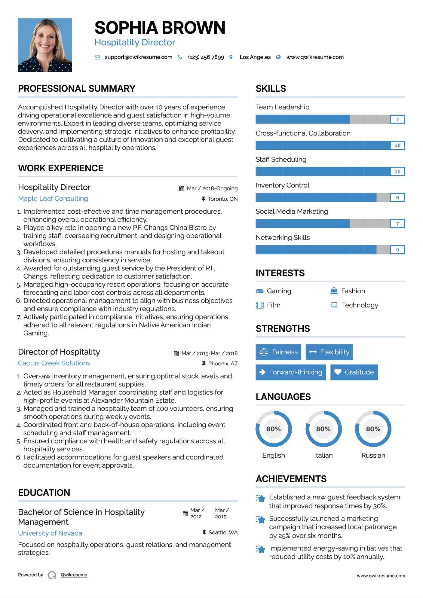 Hospitality Director Resume Example