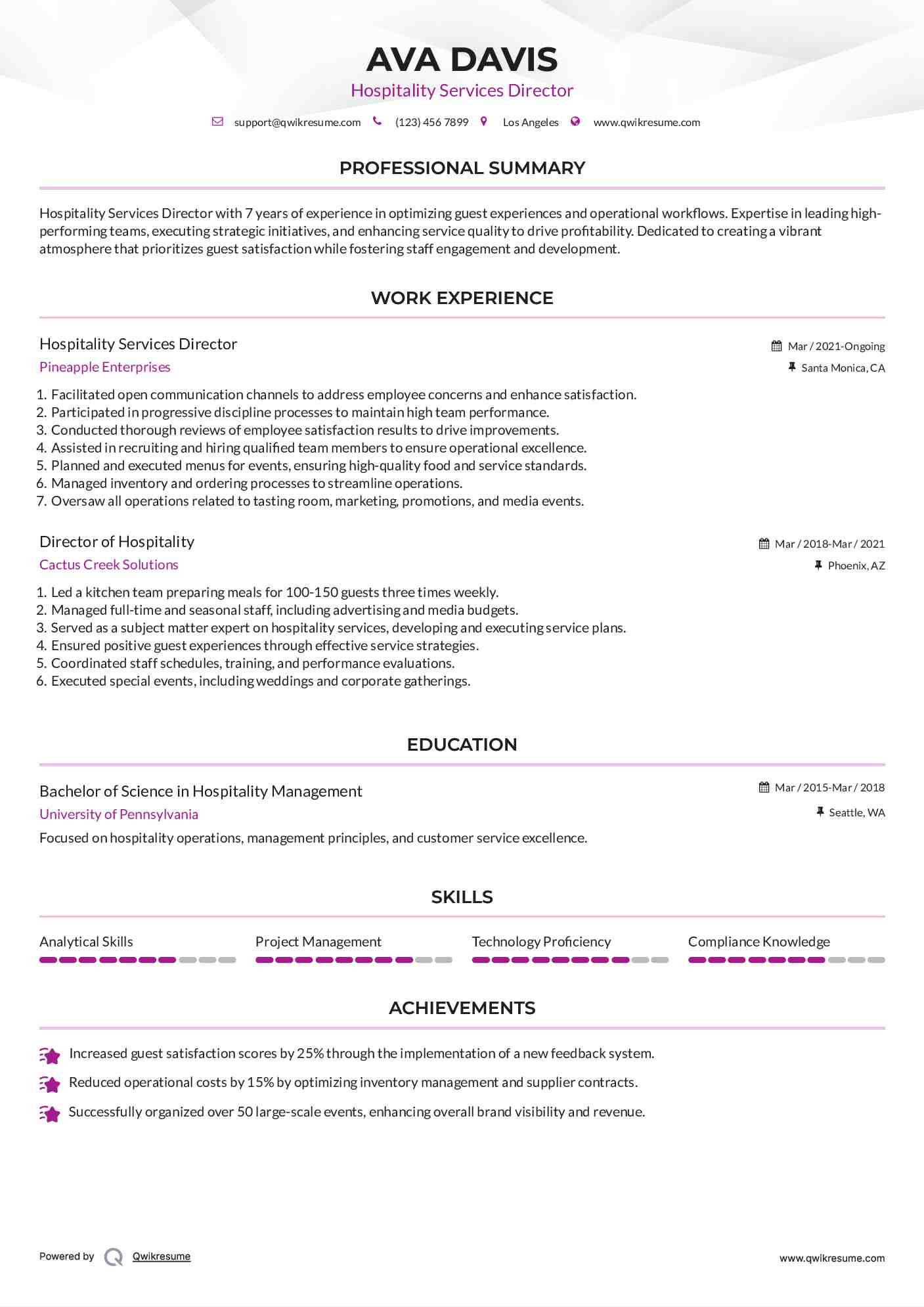 Hospitality Services Director Resume Template