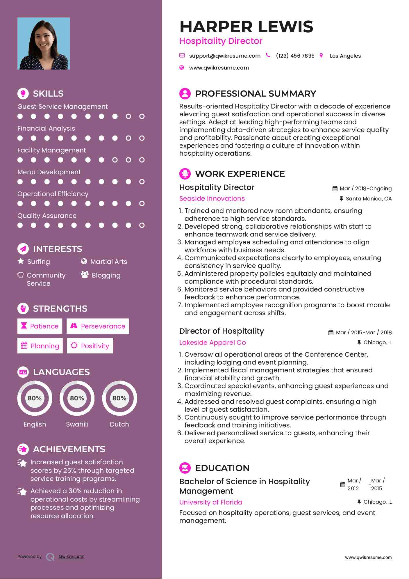 Hospitality Director Resume Example