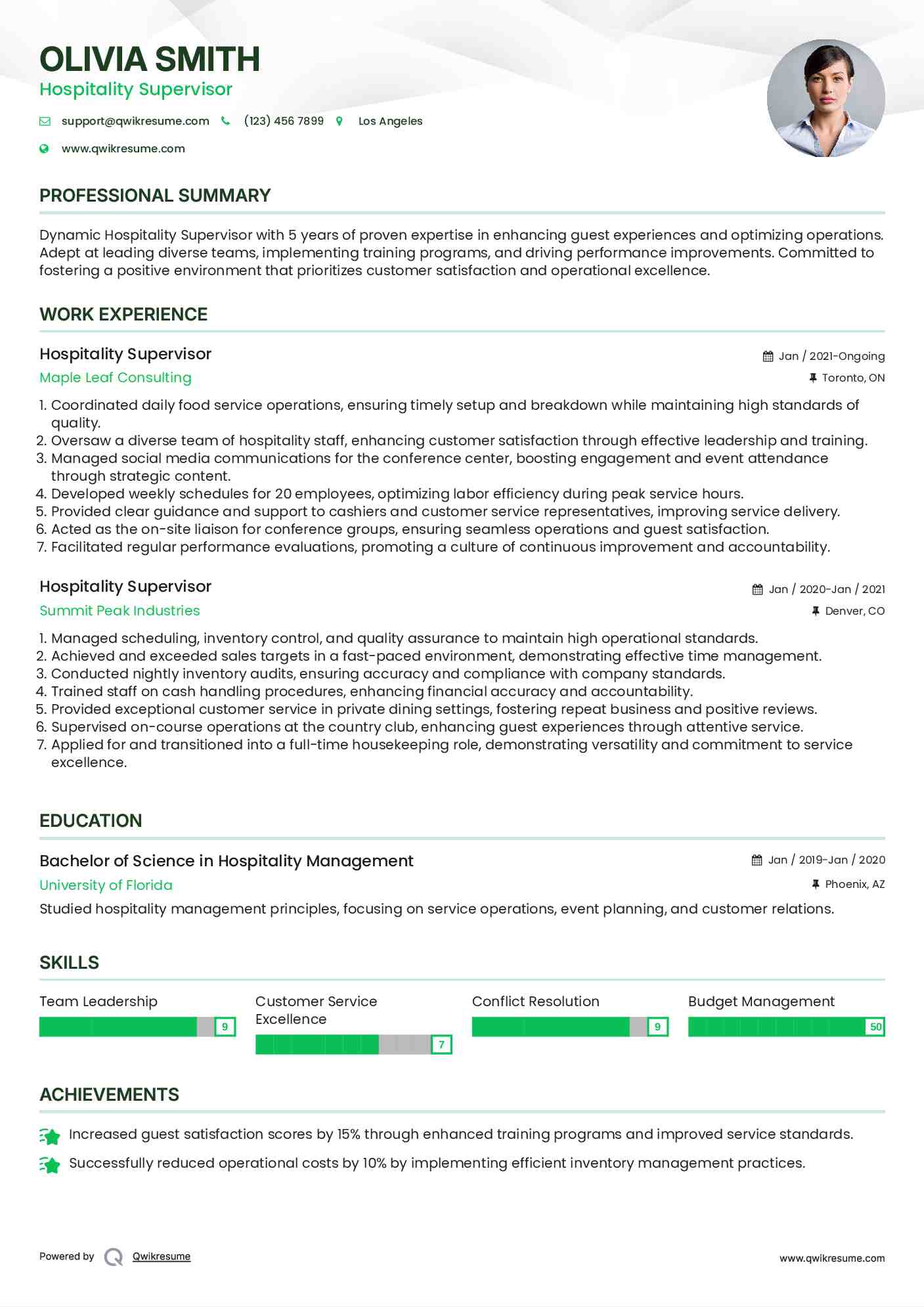 Hospitality Supervisor Resume Template