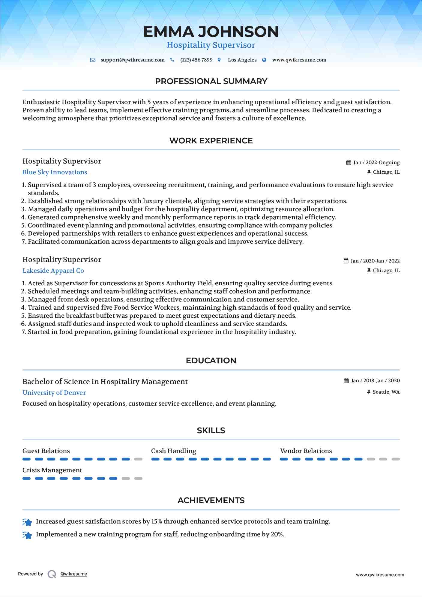 Hospitality Supervisor Resume Format