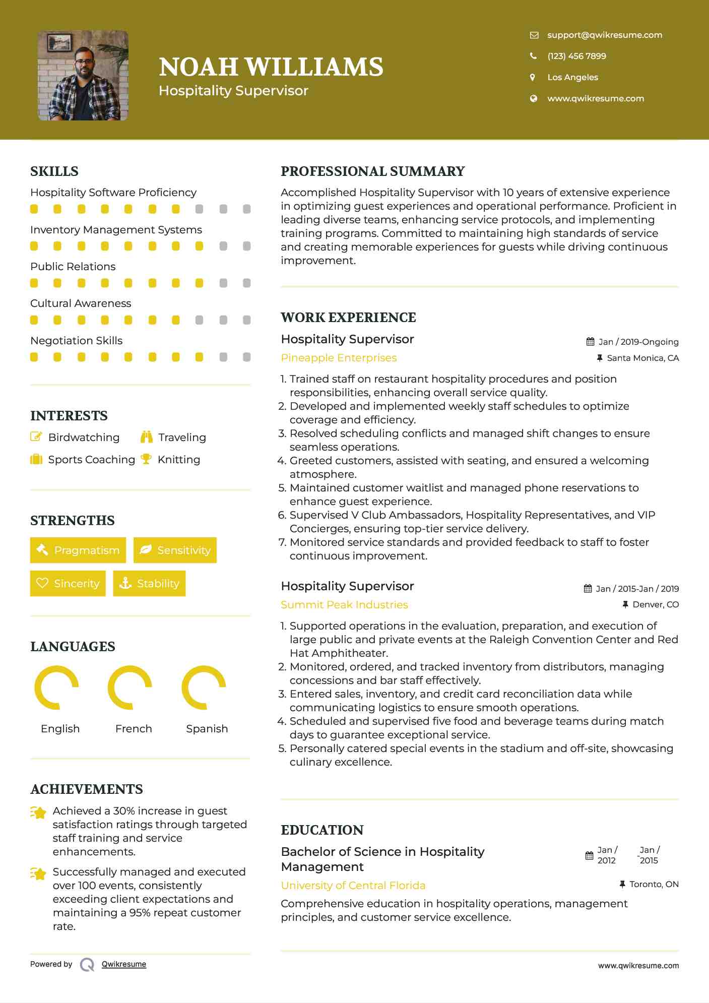 Hospitality Supervisor Resume Example
