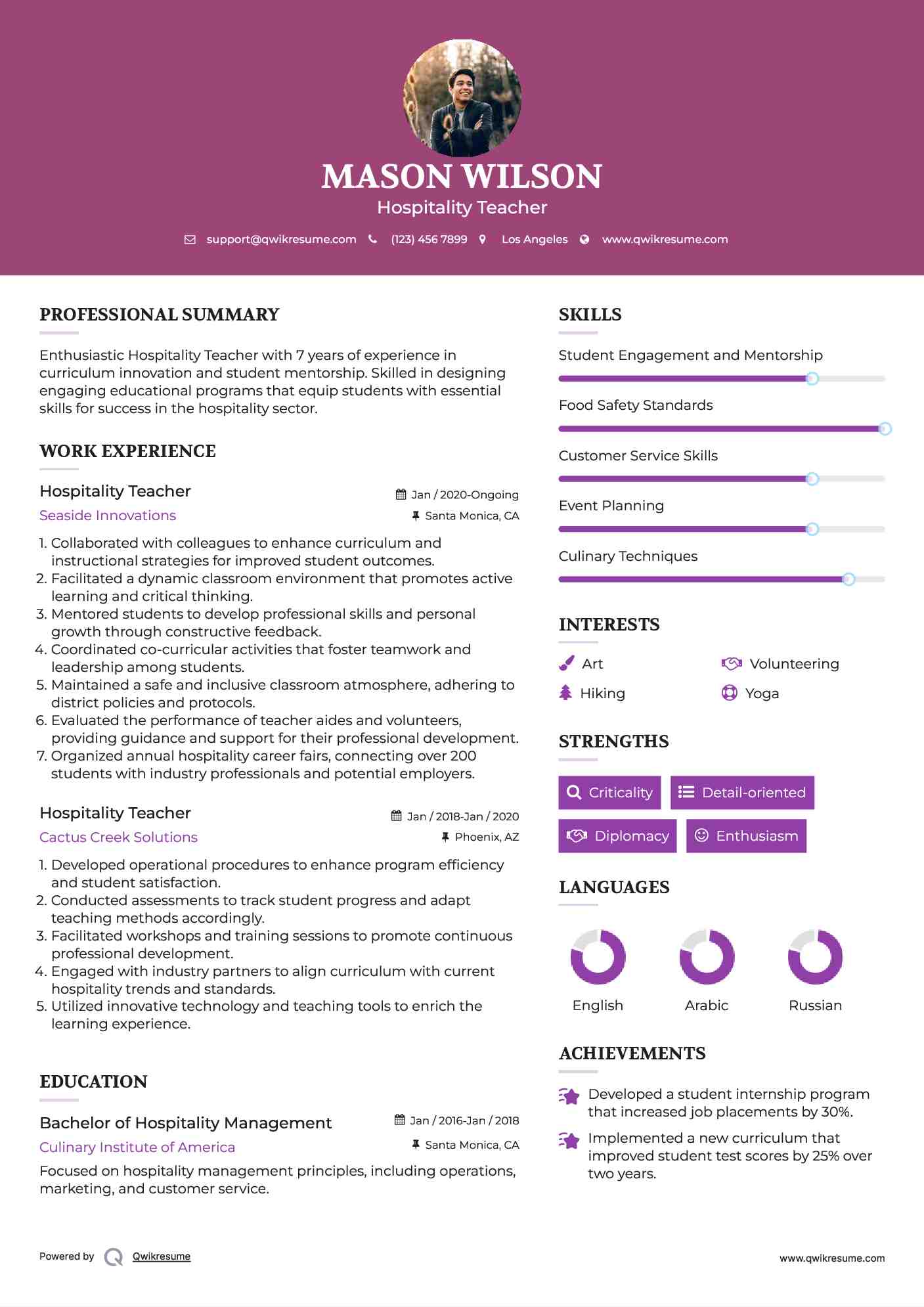 Hospitality Teacher Resume Format