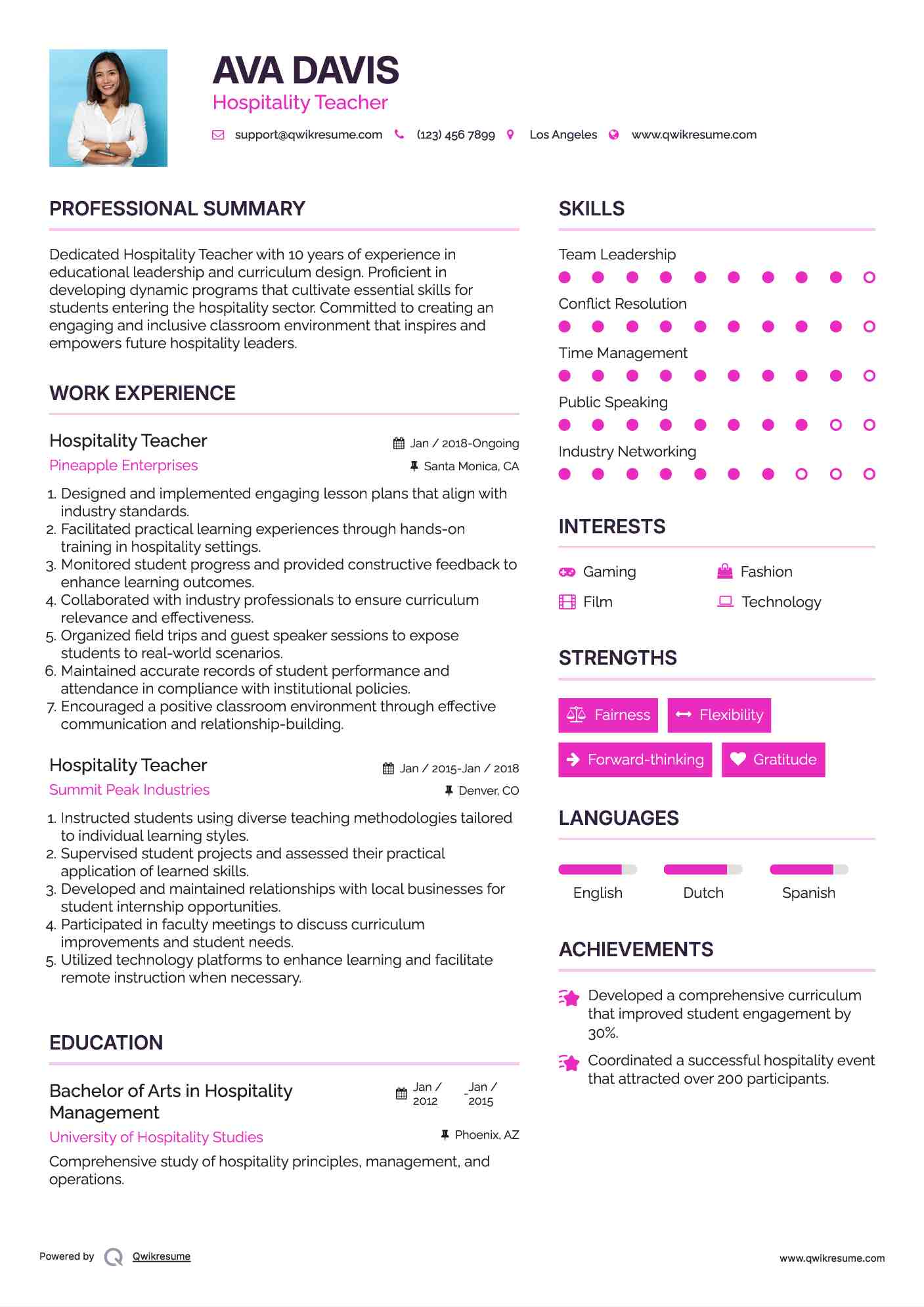 Hospitality Teacher  Resume Model