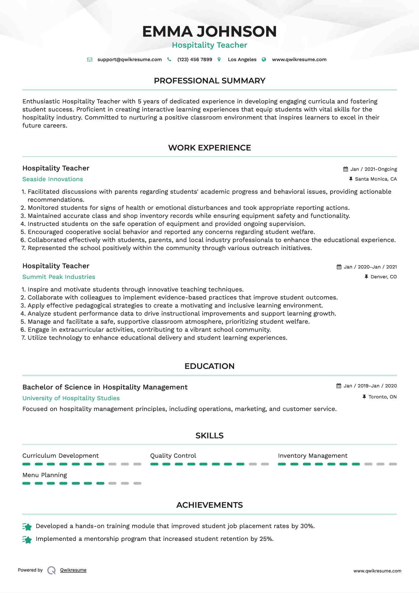 Hospitality Teacher Resume Template