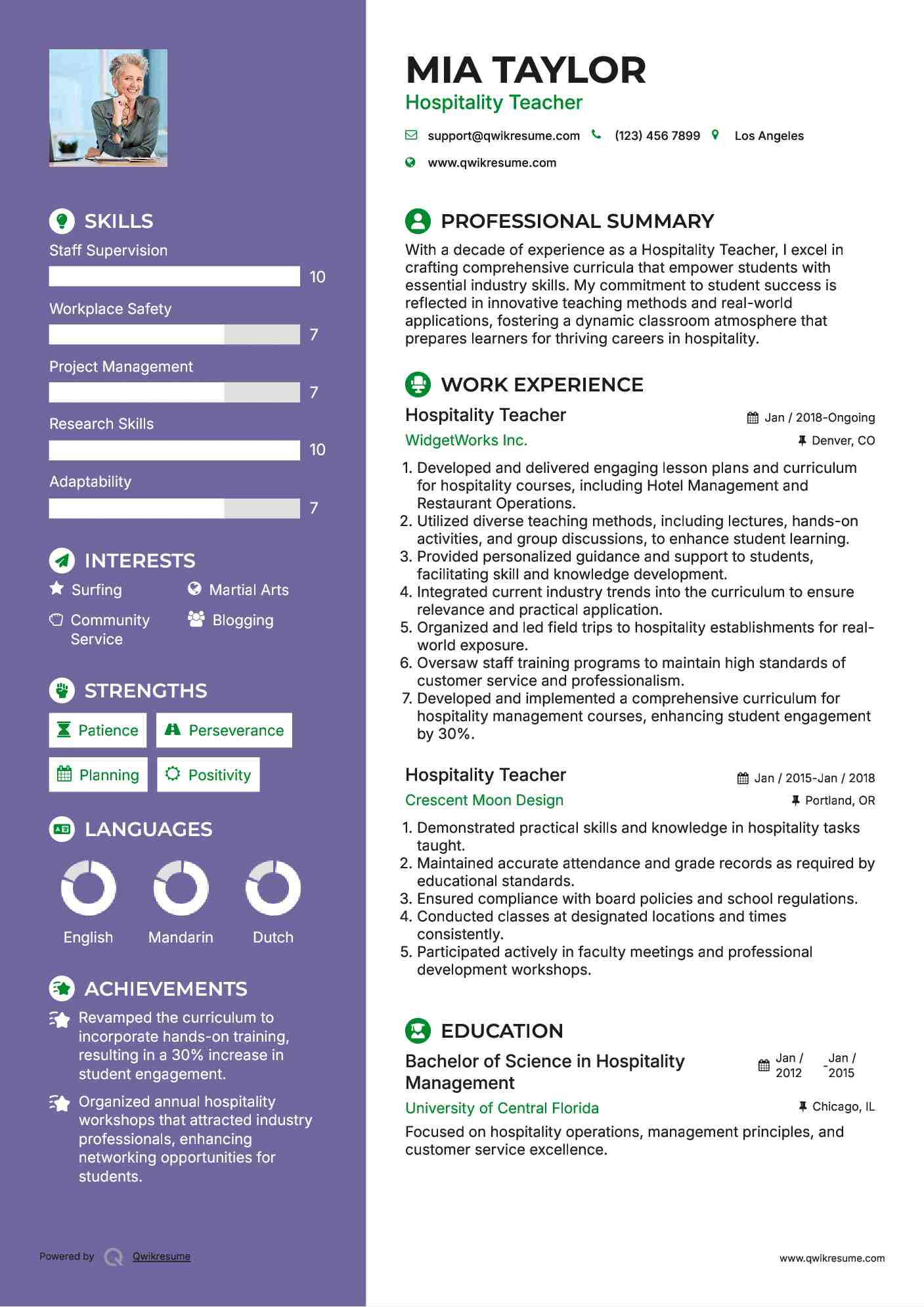 Hospitality Teacher Resume Model