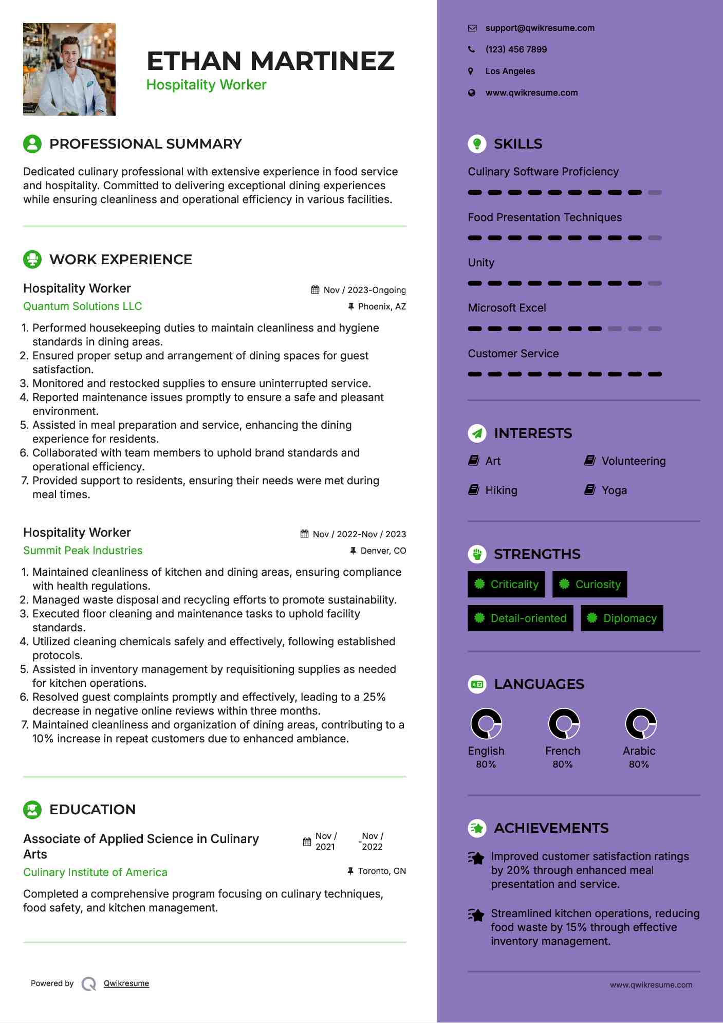 Hospitality Worker Resume Example