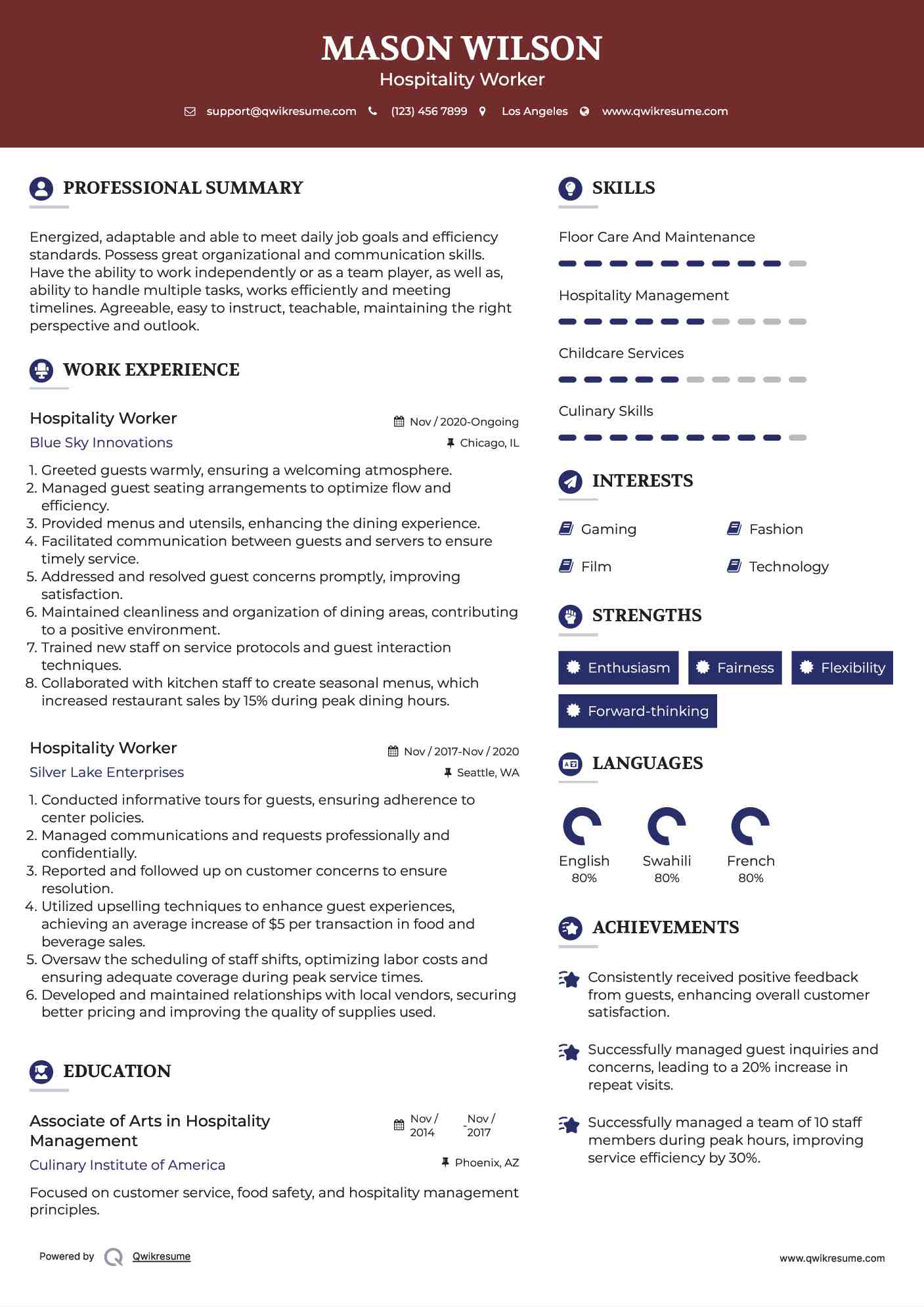 Hospitality Worker Resume Template