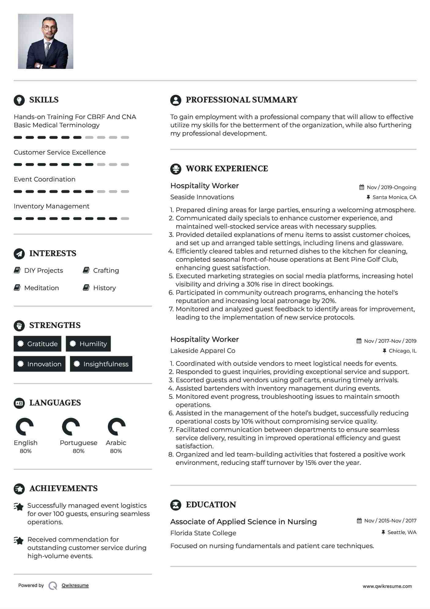 Hospitality Worker Resume Sample