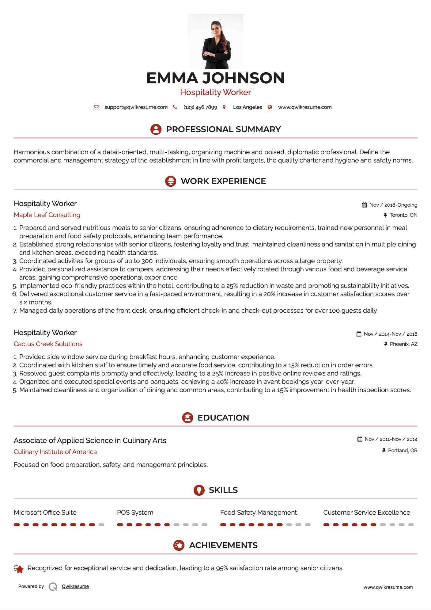 Hospitality Worker Resume Model