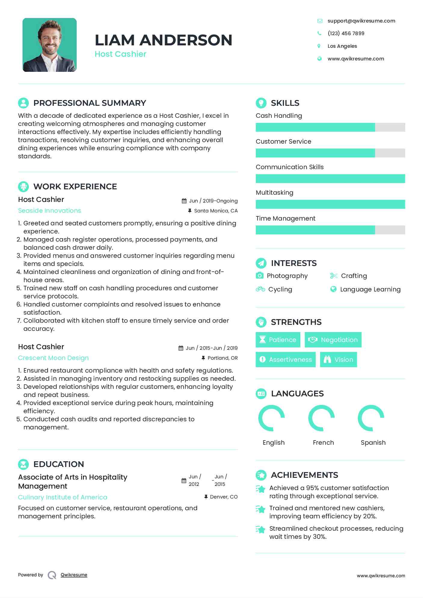 Host Cashier Resume Model