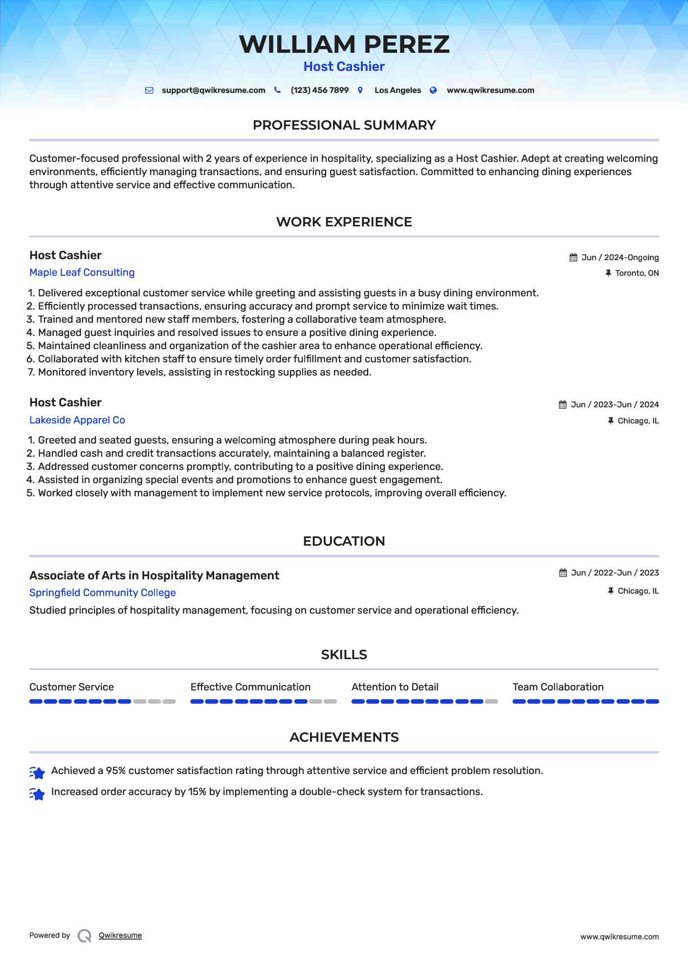 Host Cashier Resume Example