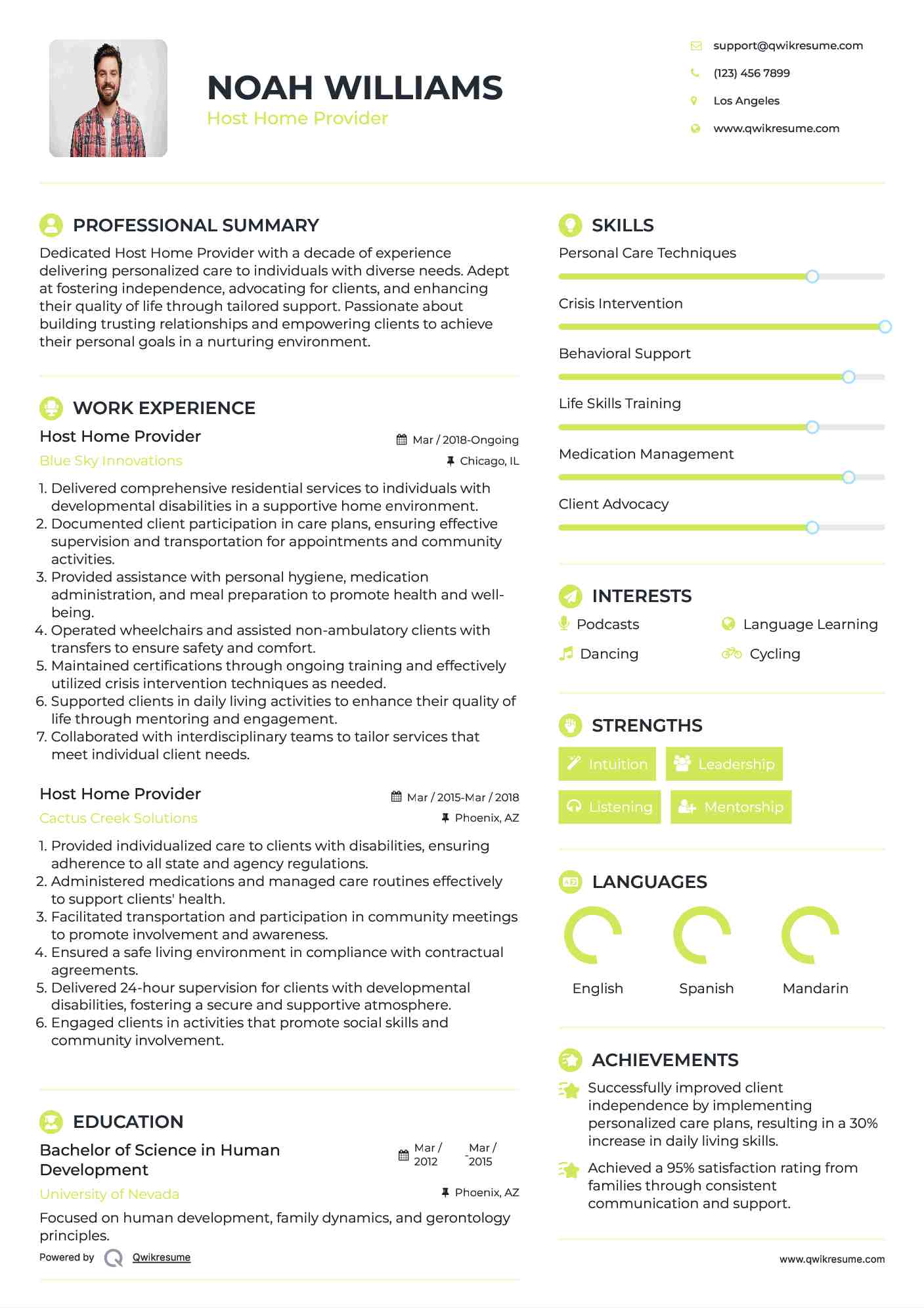 Host Home Provider Resume Sample