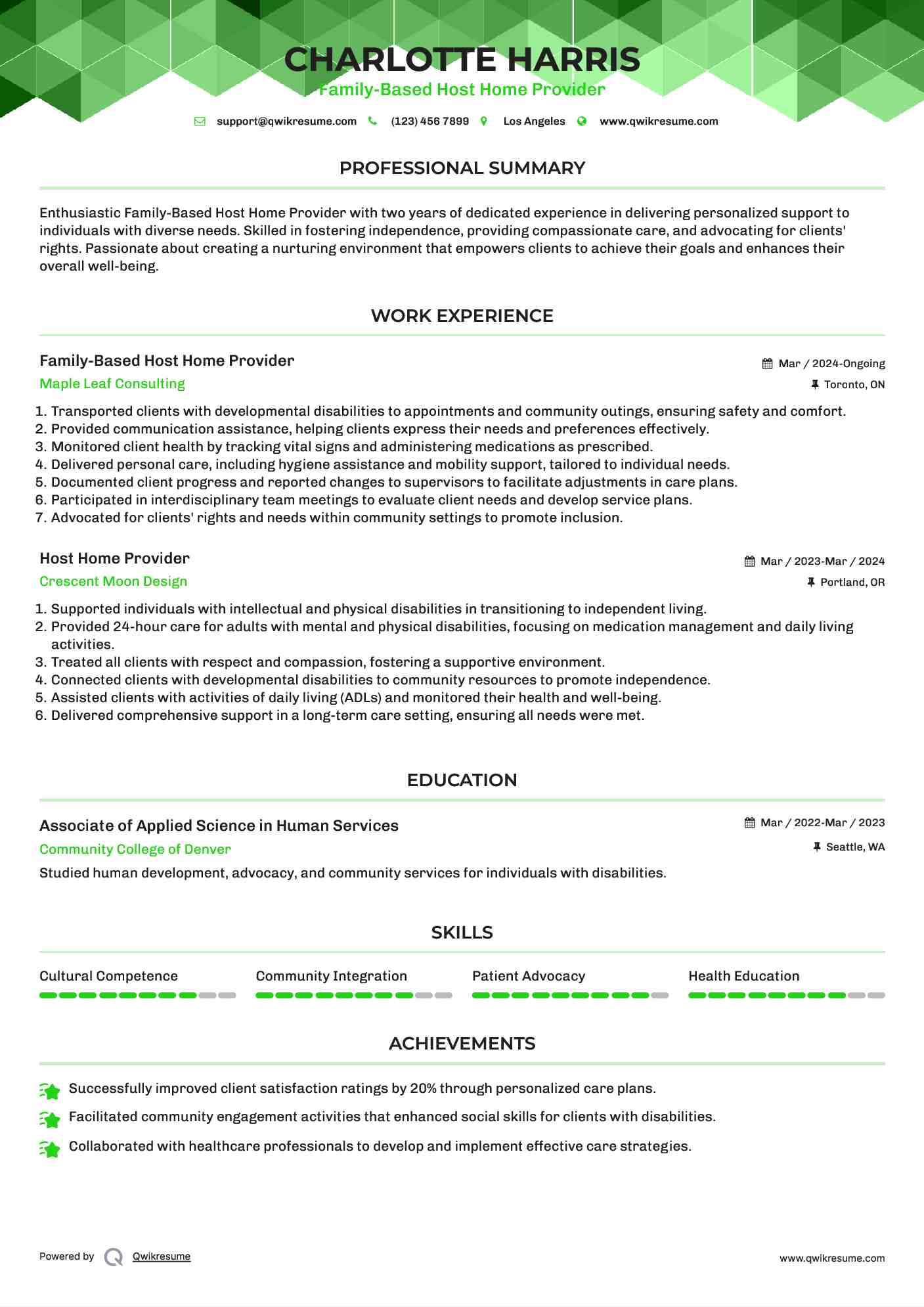 Family-Based Host Home Provider Resume Sample