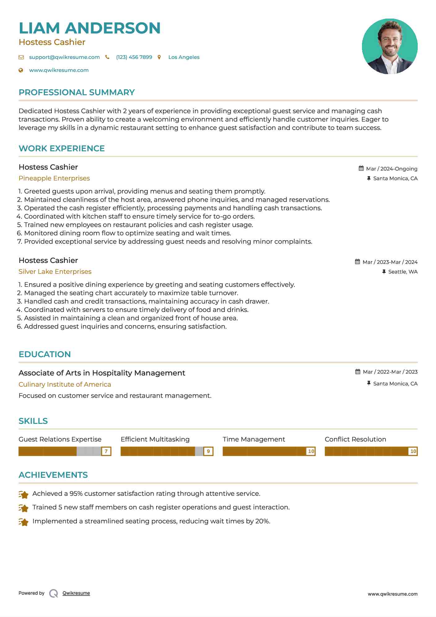 Hostess Cashier Resume Example