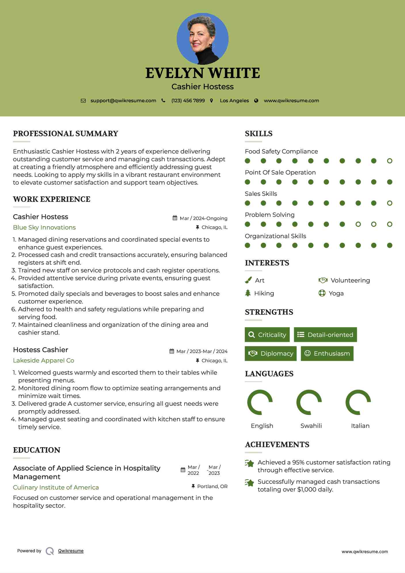 Cashier Hostess Resume Template