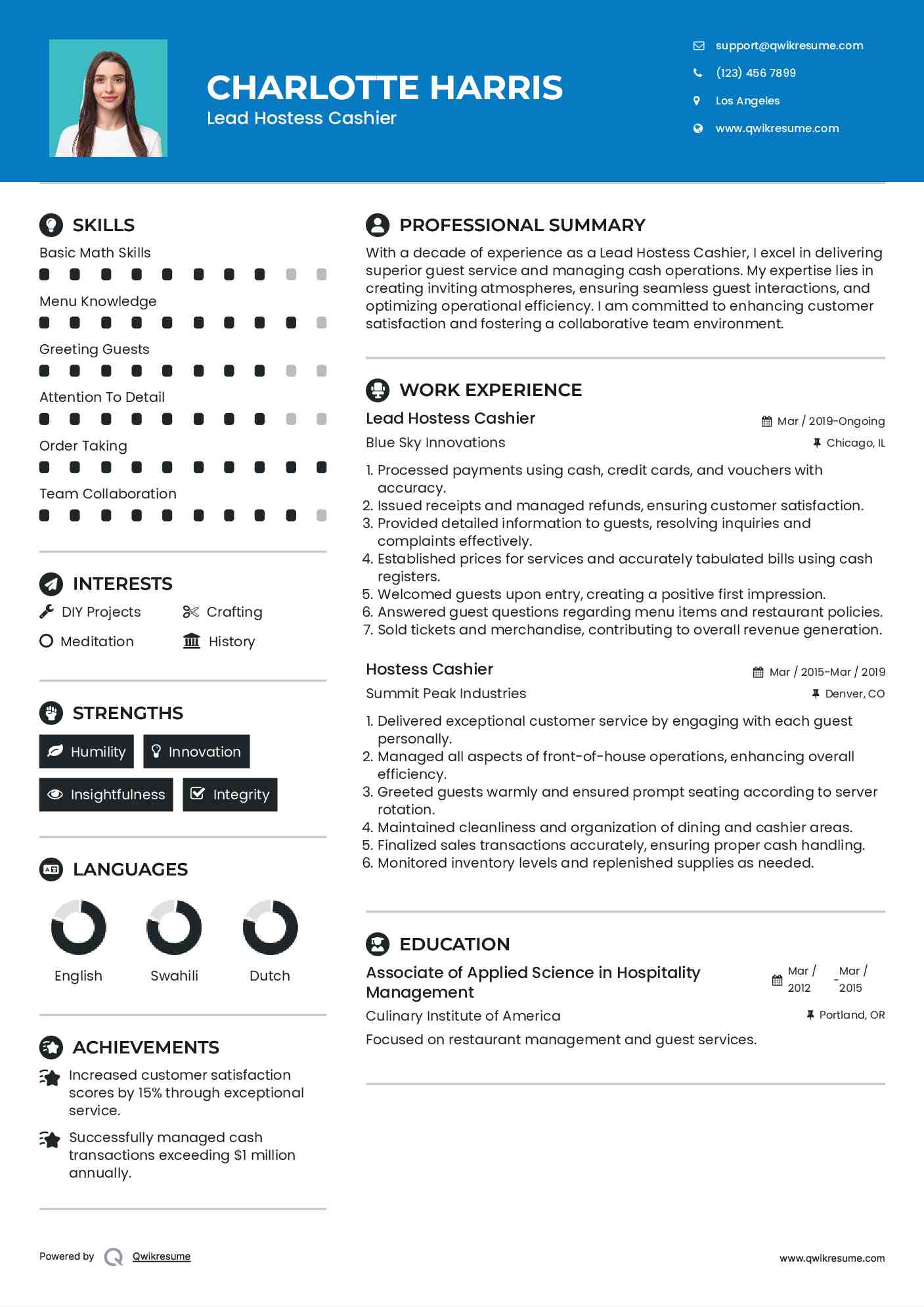 Lead Hostess Cashier Resume Sample